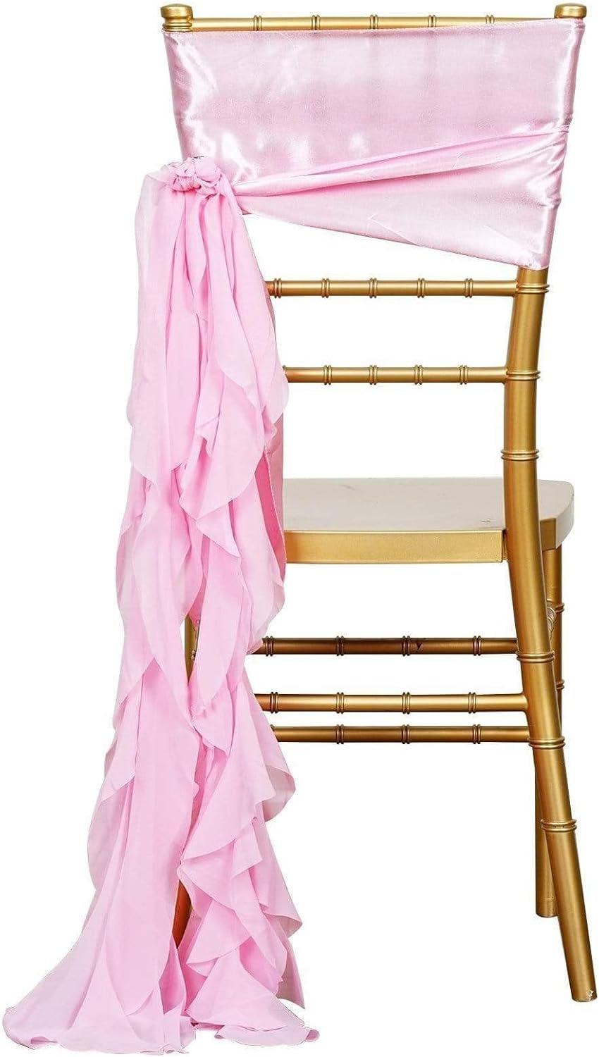 10 Pink Curly Chiffon Chair Sashes Wedding Decor