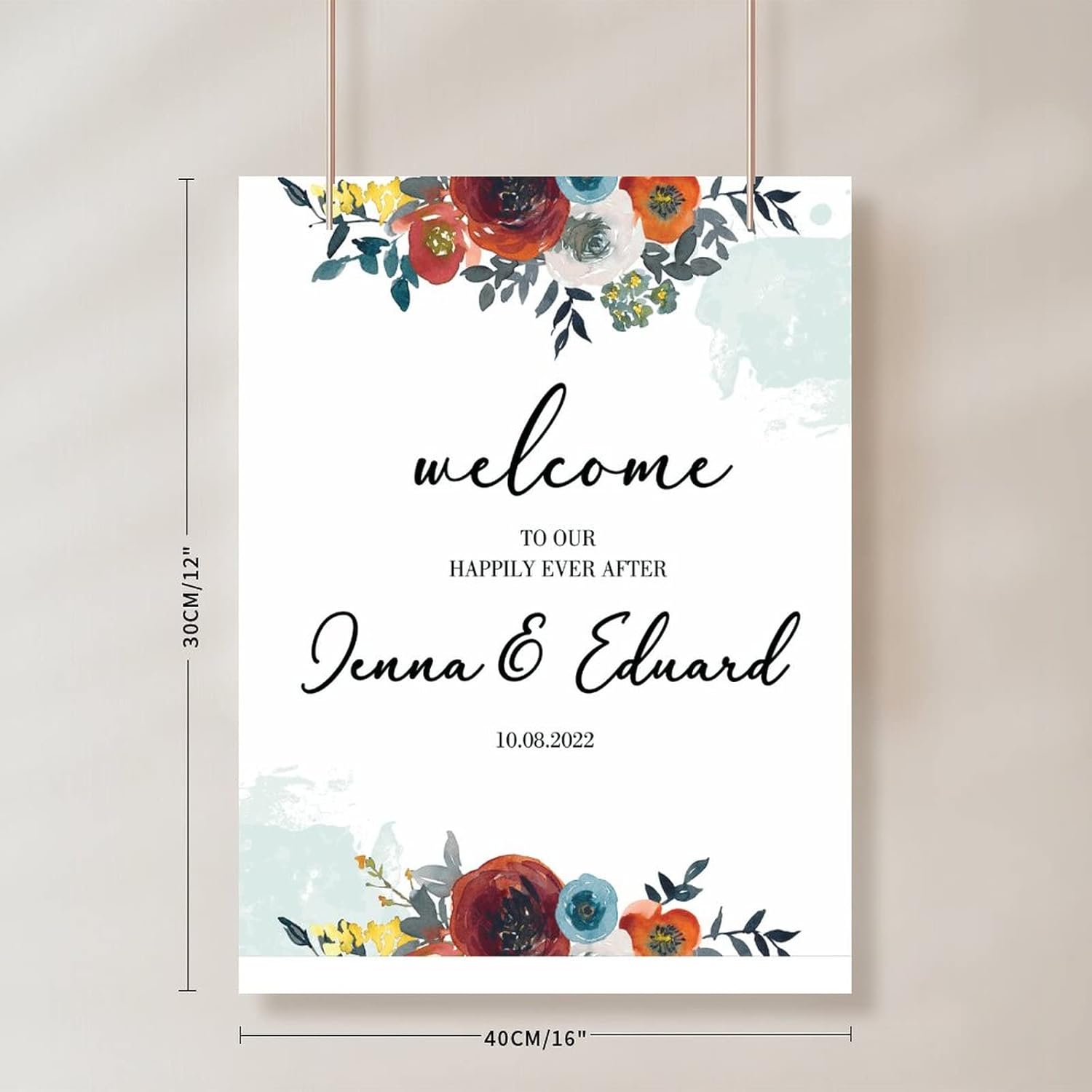 Customizable Red Floral Wedding Welcome Sign 12x16 Inch