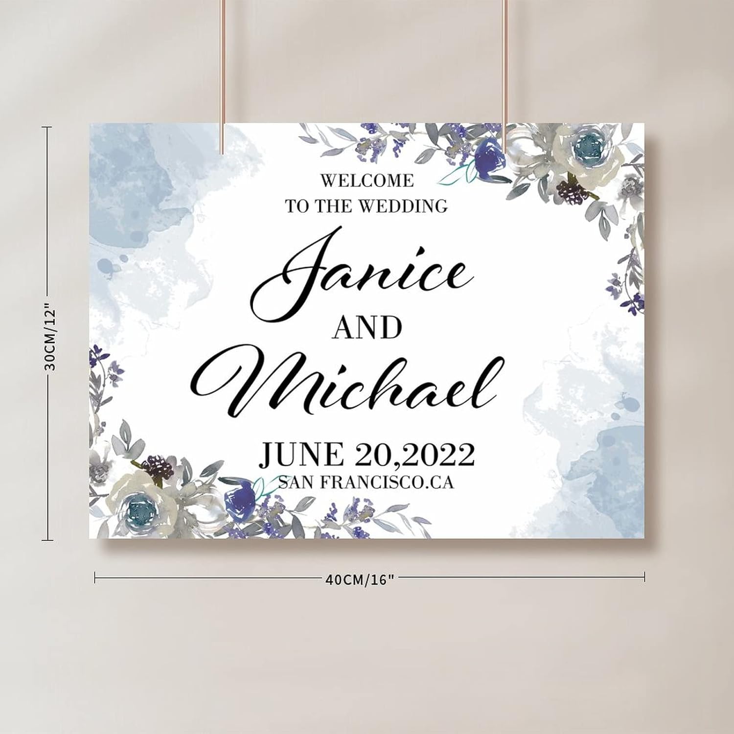 Personalized Blue Floral Wedding Welcome Sign