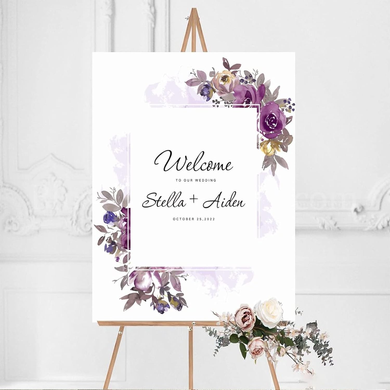 Alioyoit Purple Floral Wood Wedding Welcome Sign
