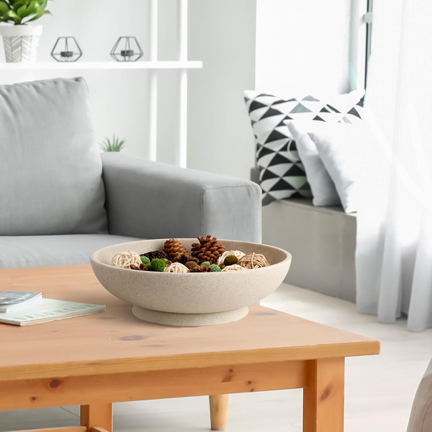 Large Decorative Bowl Artificial Stone Beige