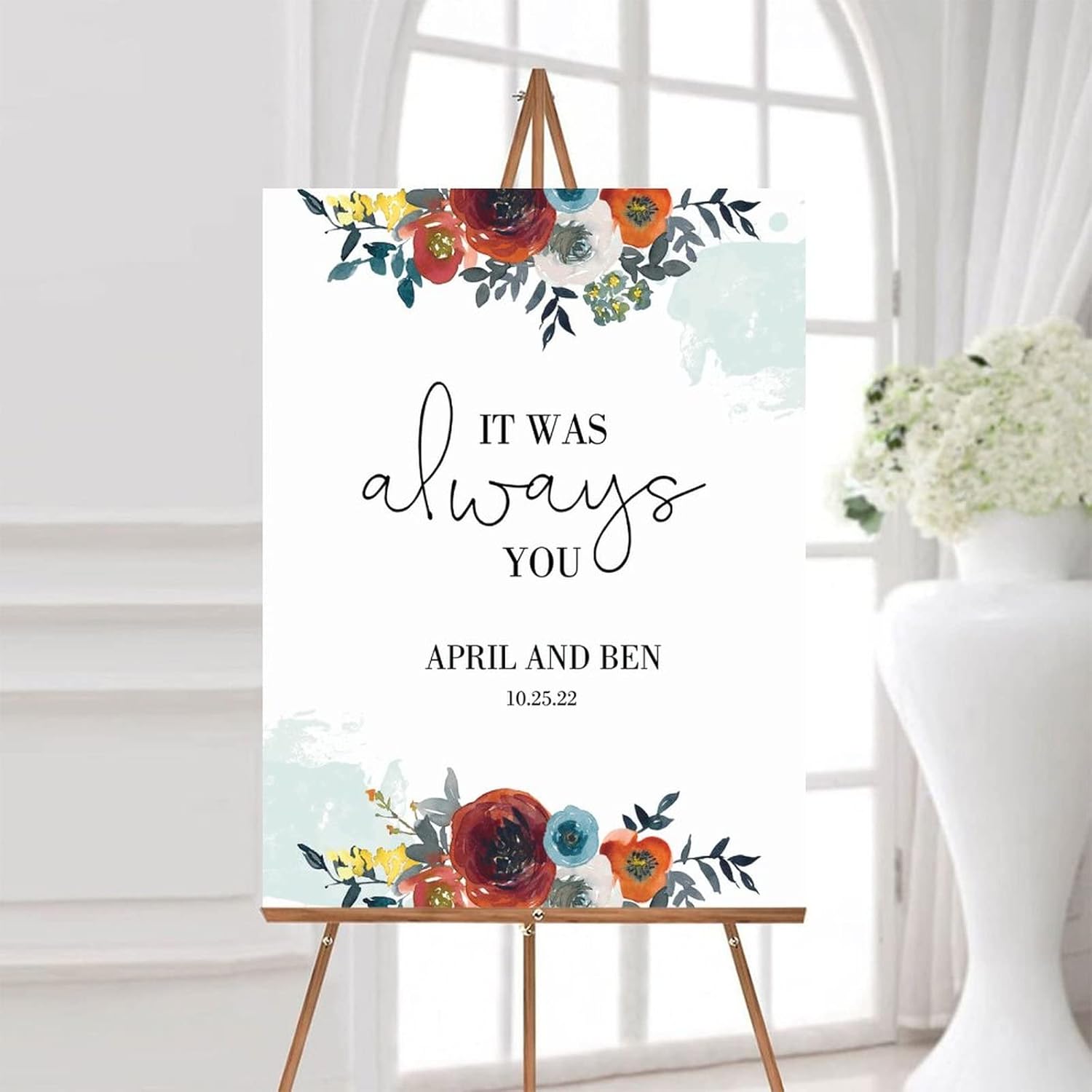 Alioyoit Red Floral Personalized Wood Wedding Sign