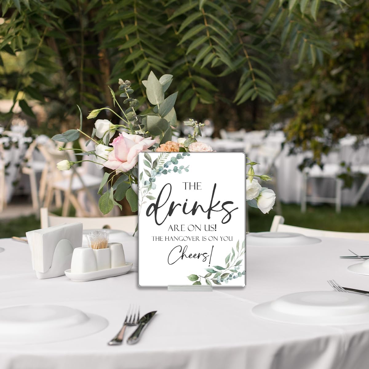Vodbok Wedding Table Sign Acrylic With Stand - The Drinks Are On Us