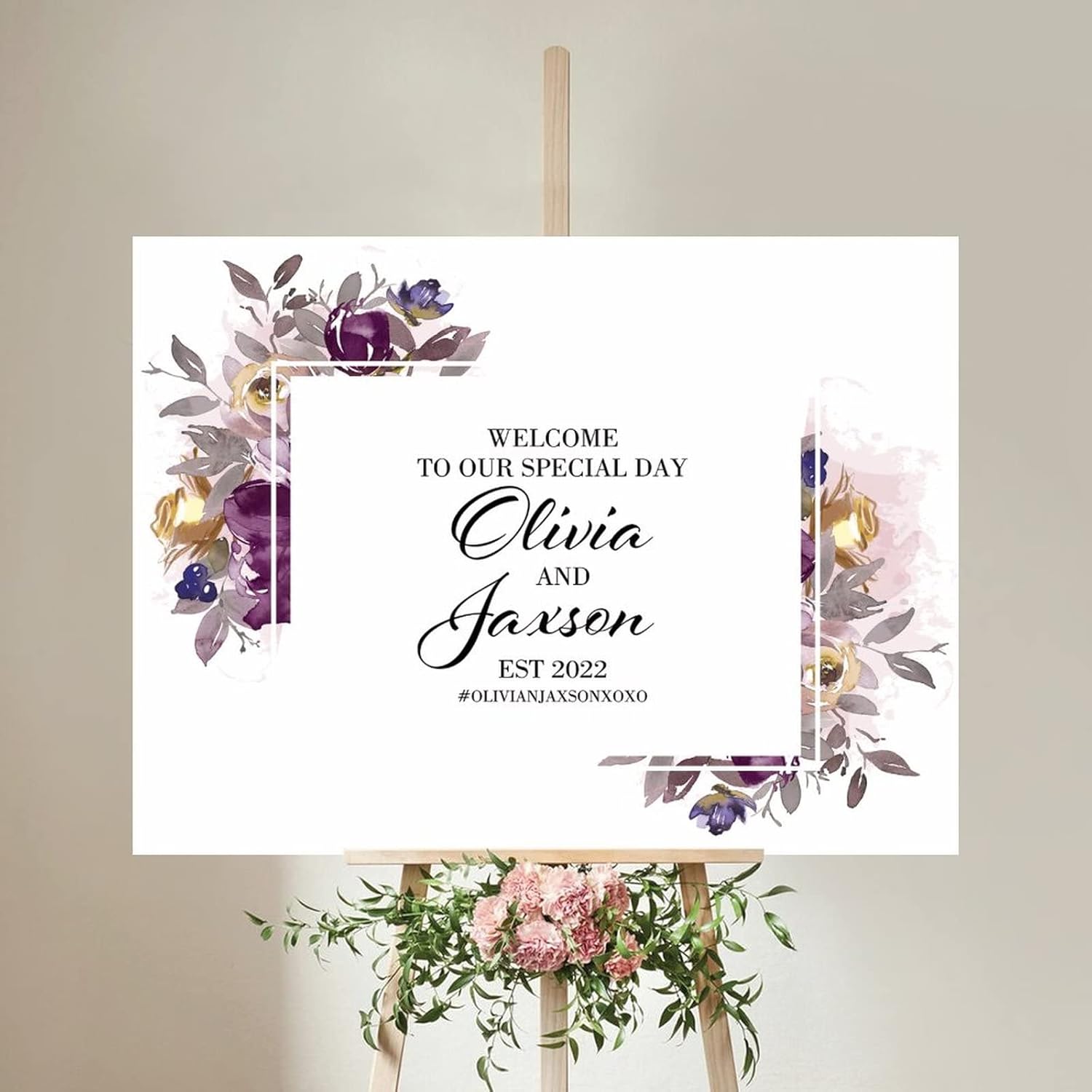 Alioyoit Personalized Wedding Welcome Sign with Purple Floral Wreath
