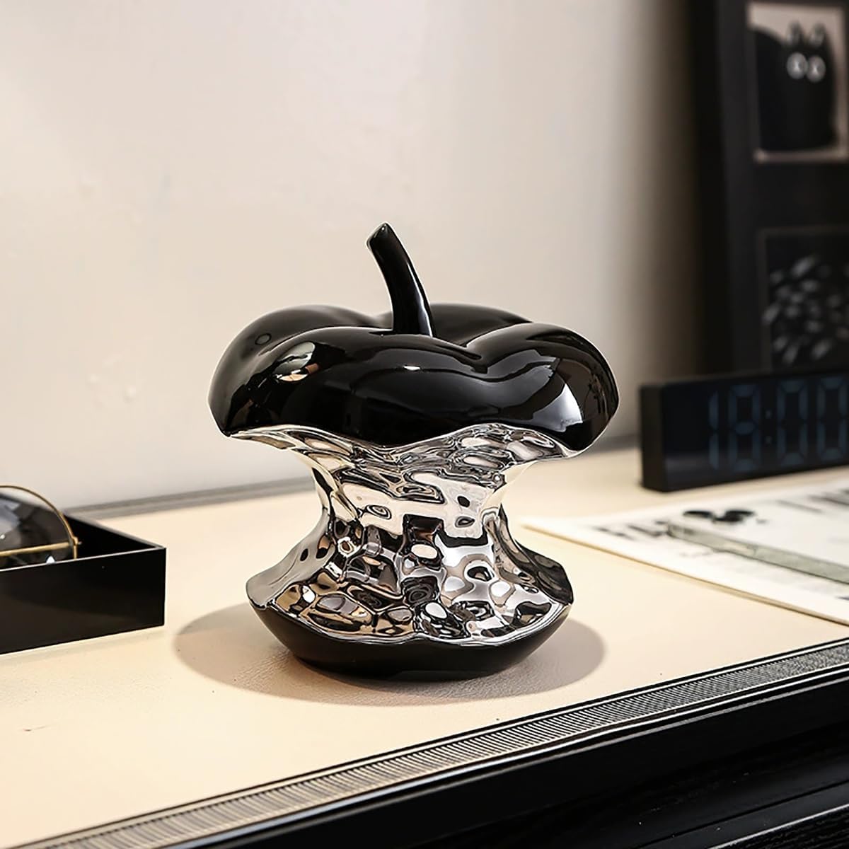 Modern Ceramic Apple Sculpture Black and Silver