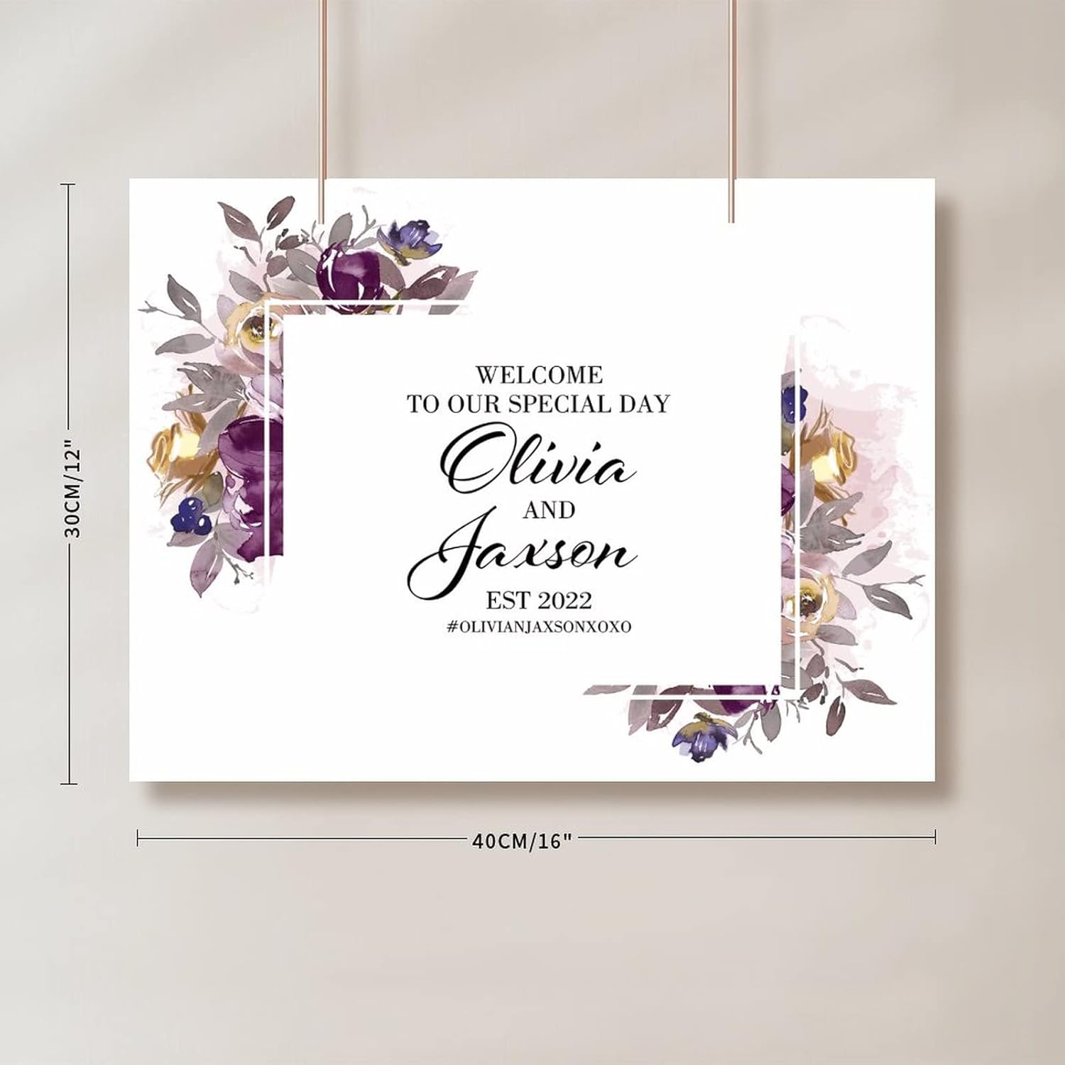 Alioyoit Personalized Wedding Welcome Sign with Purple Floral Wreath