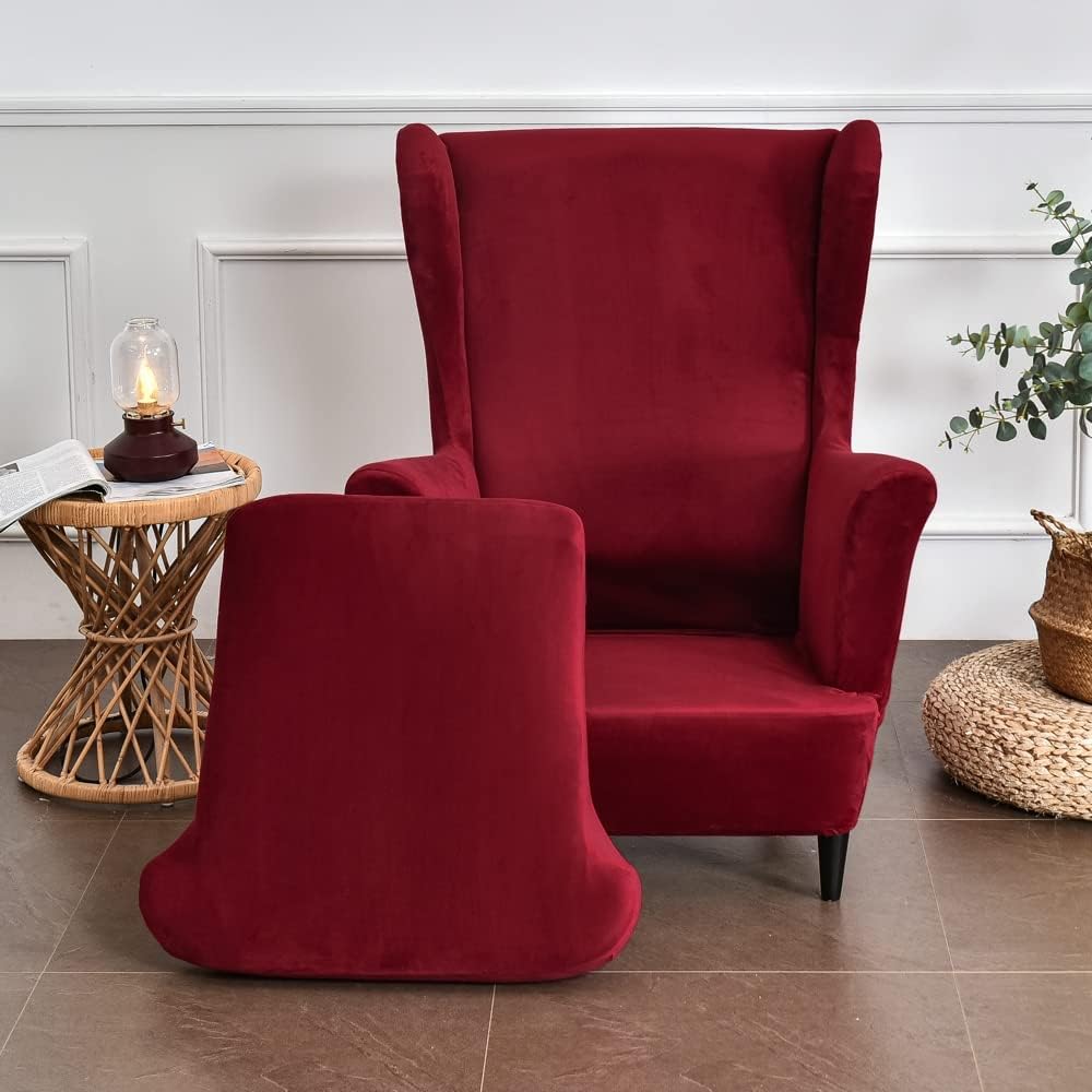 GULI Wingback Chair Cover 2-Piece Velvet Wine Red