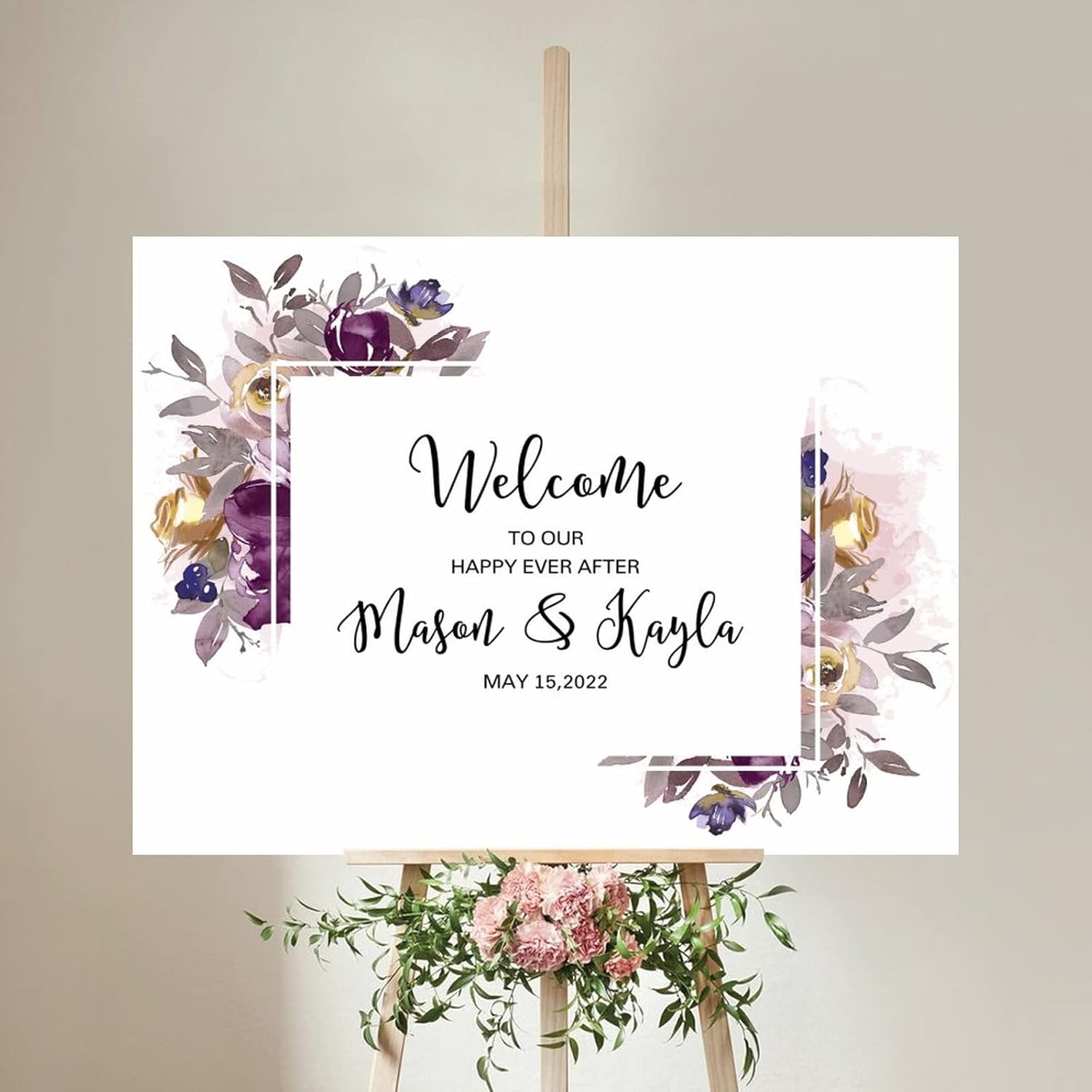 Alioyoit Purple Floral Wreath Wood Wedding Sign