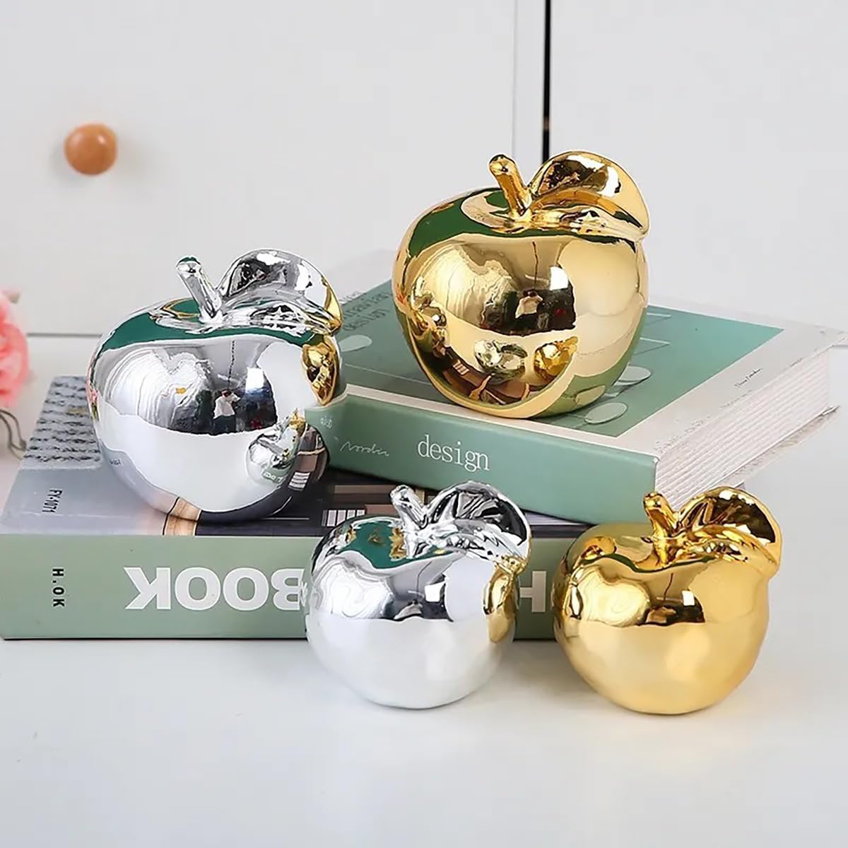 Hoobar Ceramic Fruit Shape Statues Set of 2 Gold Apple