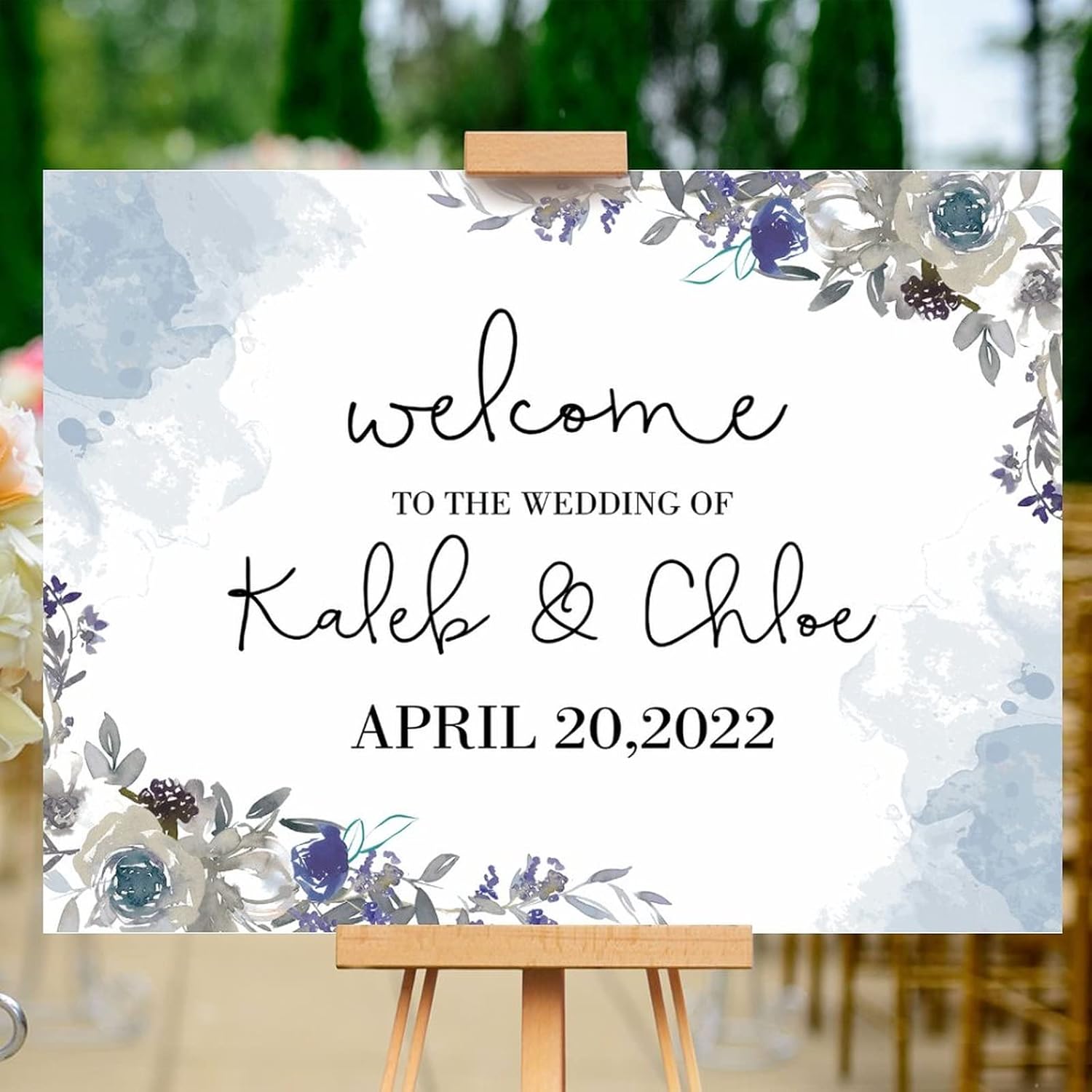 Alioyoit 12x16 Inch Blue Floral Wooden Wedding Welcome Sign