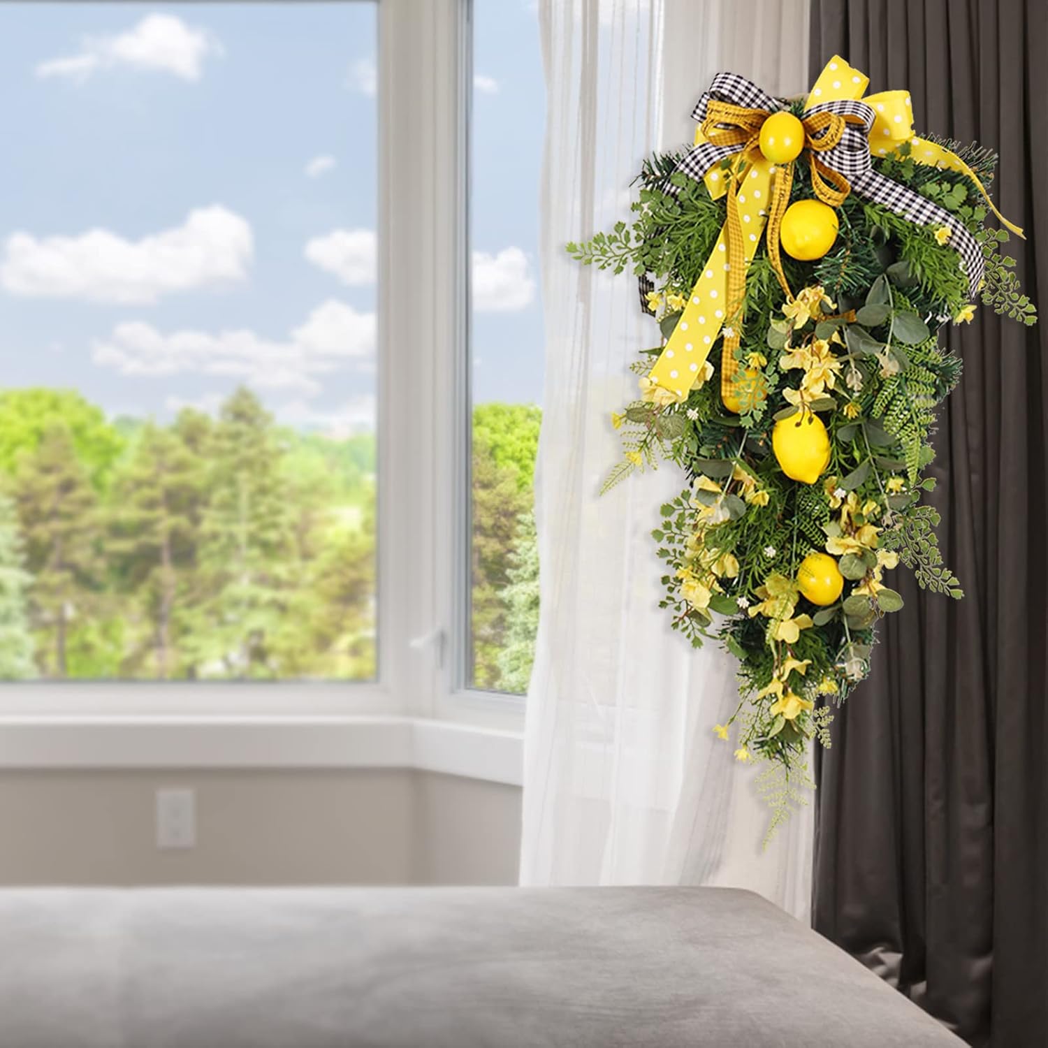 2756in Artificial Lemon Swag with Daisies and Large Bow