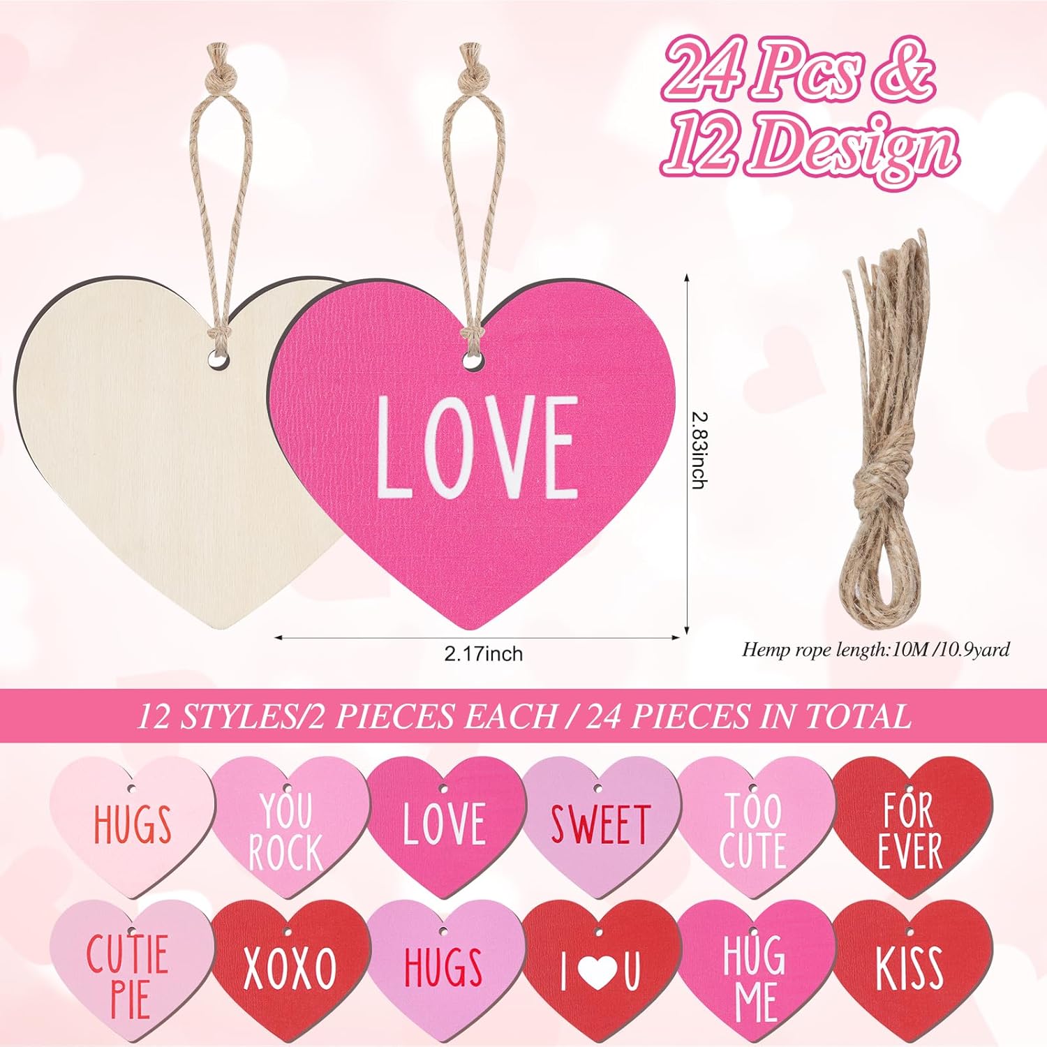 24pcs Valentine Conversation Heart Wooden Ornaments