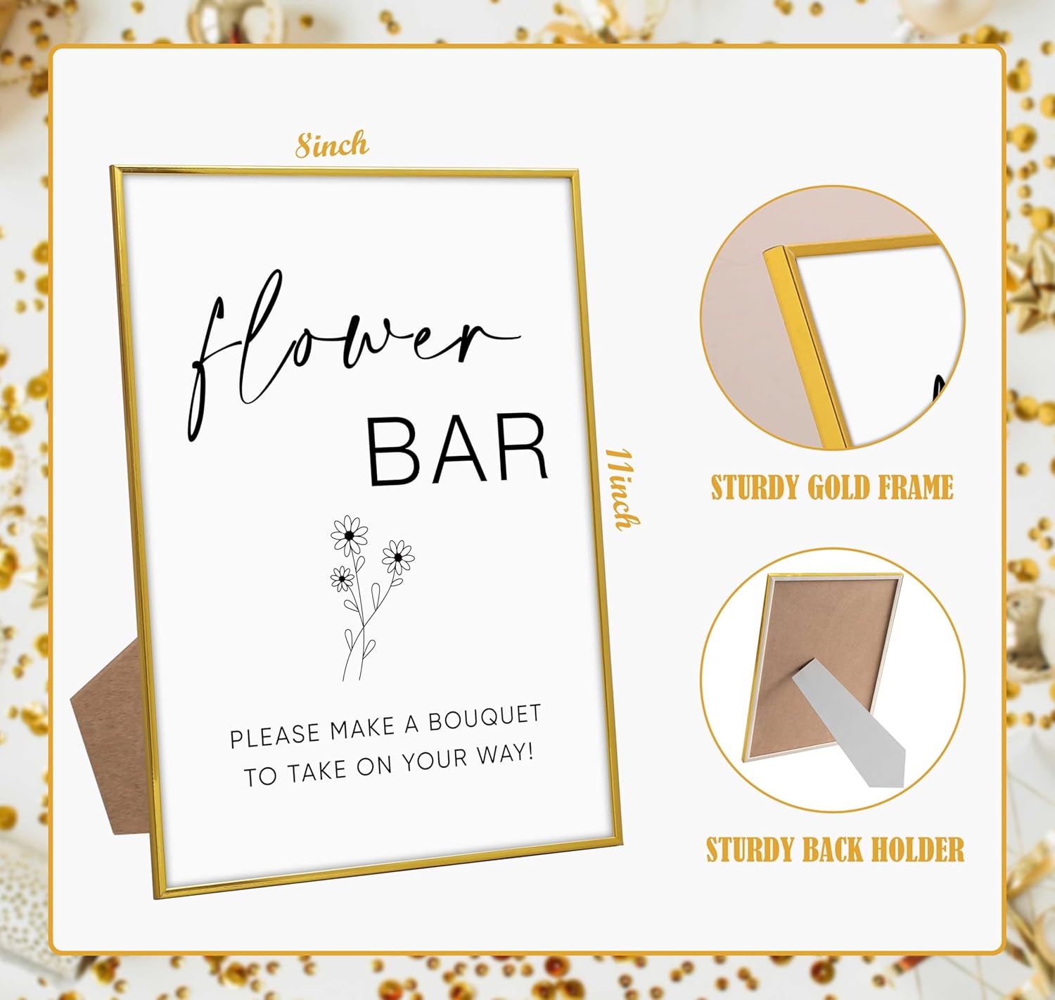 Gold Frame Wood Wedding Sign with Stand 8x11 1