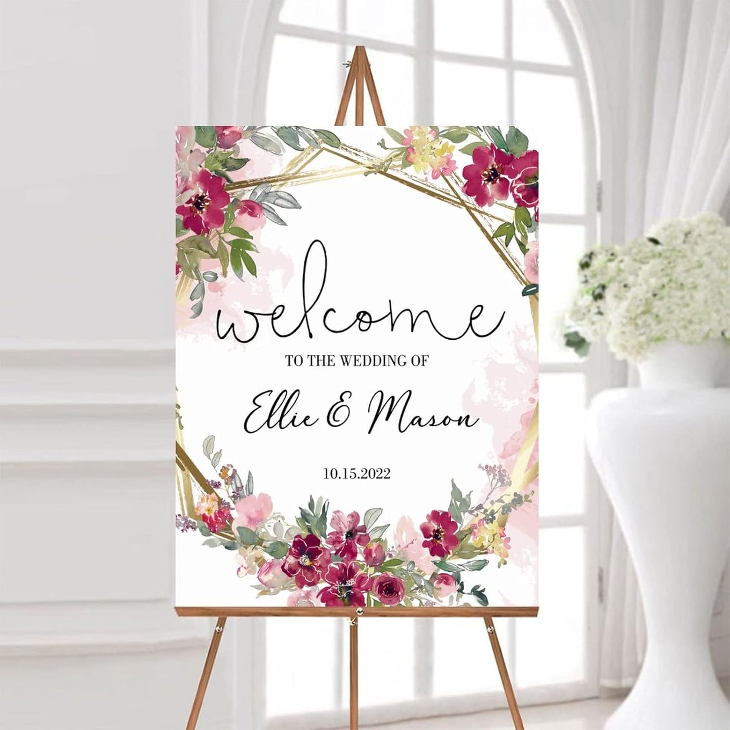 Custom Pink Floral Wood Wedding Welcome Sign 12x16 Inch