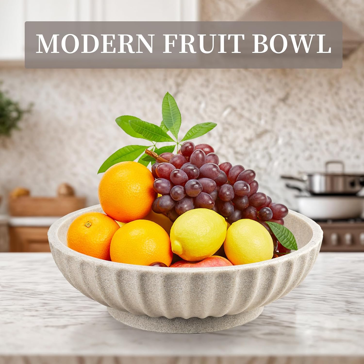 Large Decorative Bowl - Modern Home Decor Beige Artificial Stone