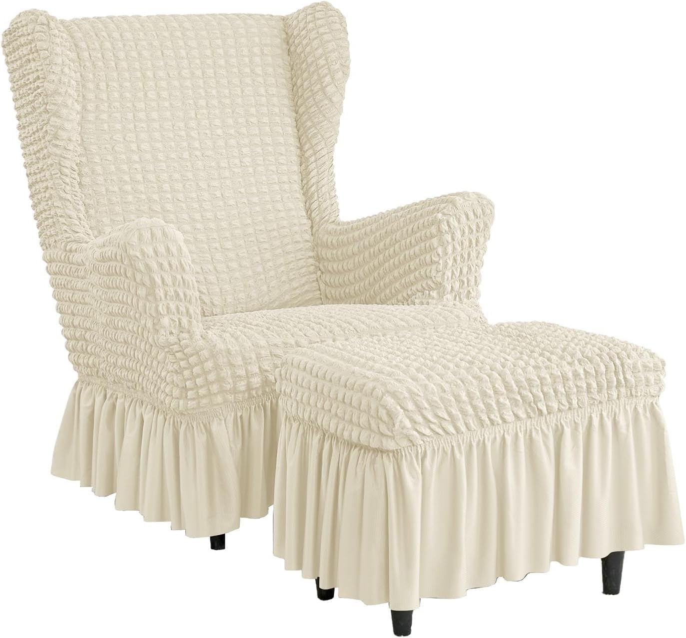 Stretch Seersucker Chair Slipcover with Ottoman Universal Wingback Chair Cover Set Beige