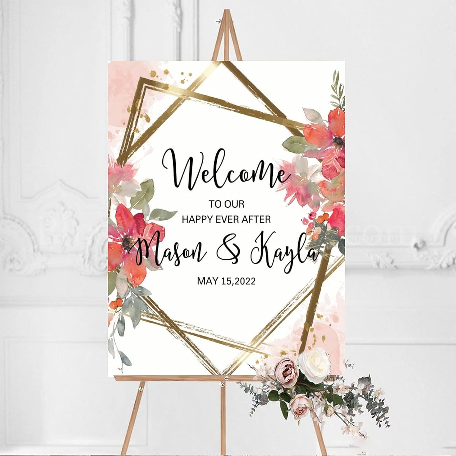 Alioyoit Red Floral Wreath Wedding Welcome Sign
