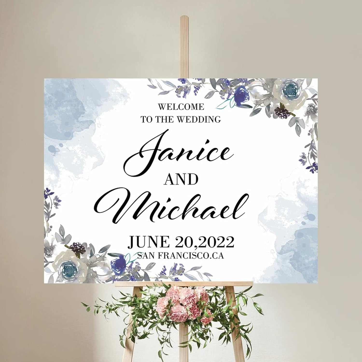 Personalized Blue Floral Wedding Welcome Sign