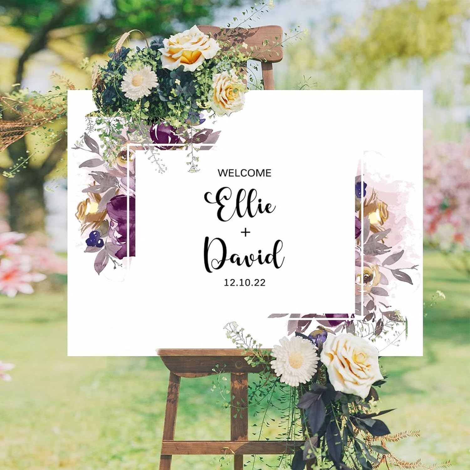Custom Purple Floral Wreath Wedding Sign 12x16 Inch