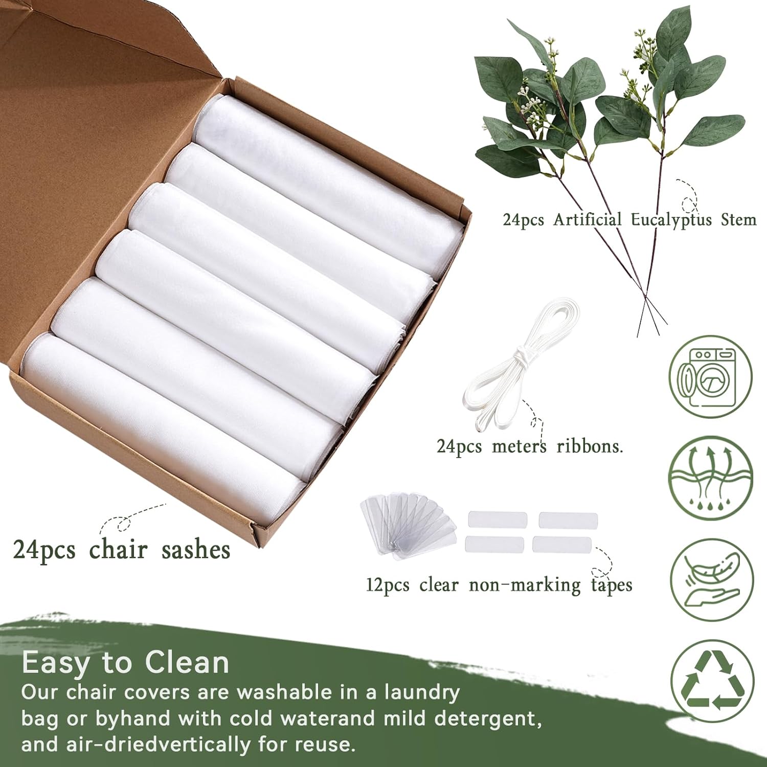 QueenDream White Chair Sashes Wedding Aisle Decorations 24 Pack