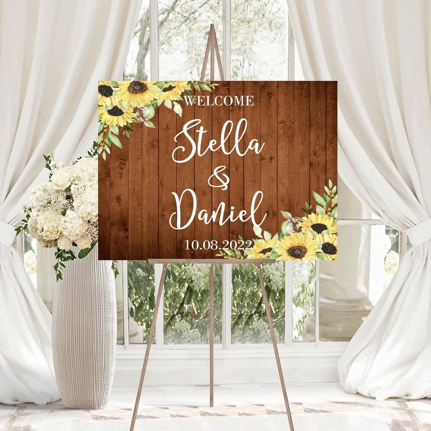 Wedding Welcome Sign Sunflower Brown Wood Customizable