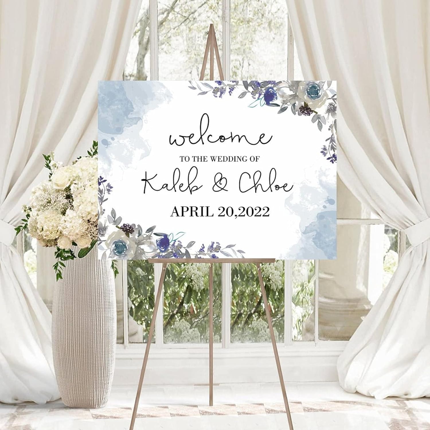 Alioyoit 12x16 Inch Blue Floral Wooden Wedding Welcome Sign