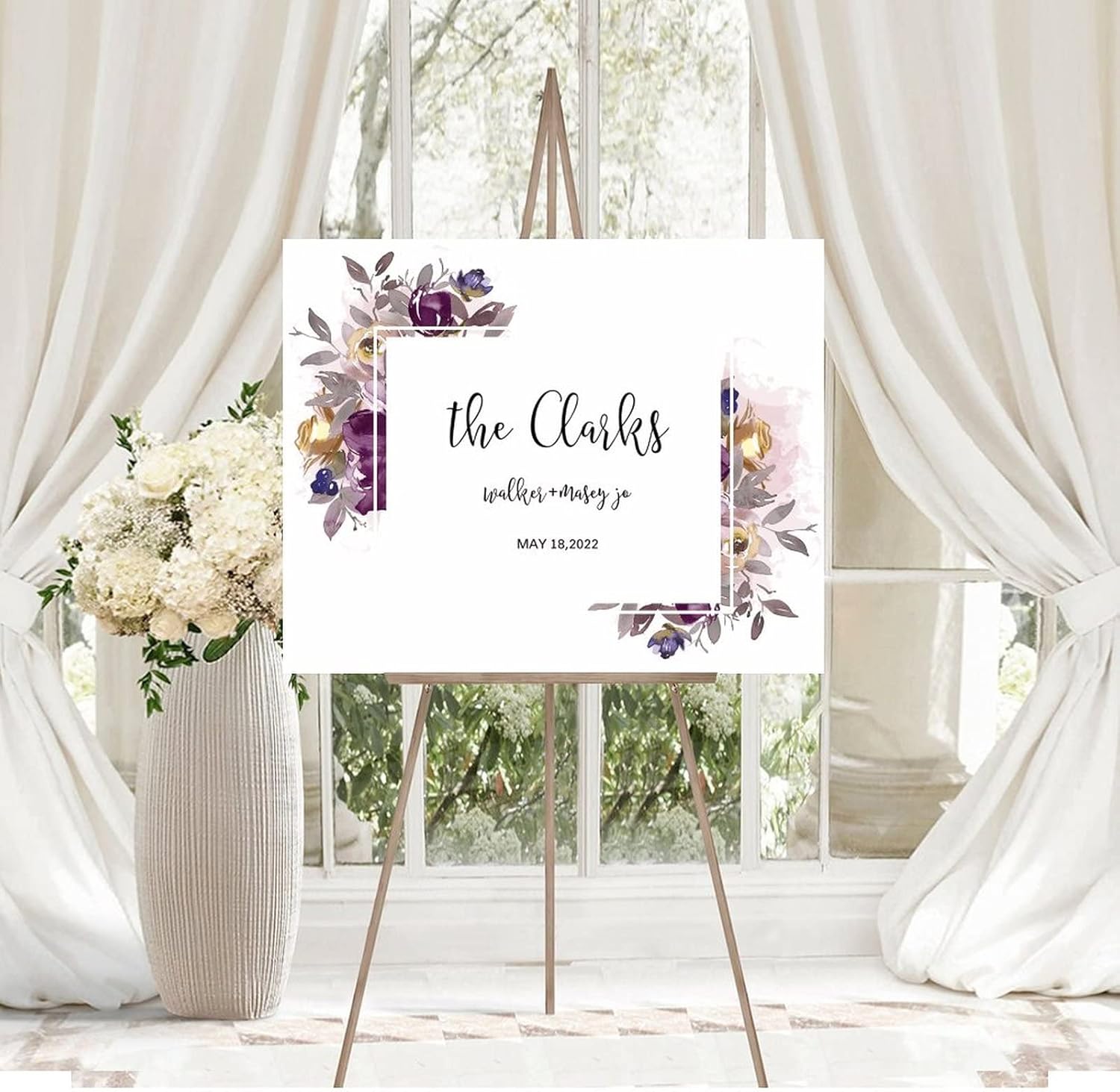 Customizable Purple Floral Wedding Welcome Sign 16x20 Inch