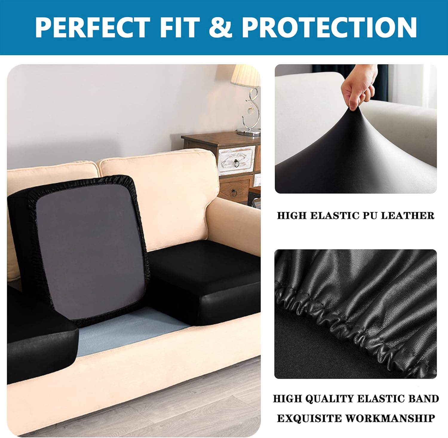 Waterproof PU Leather Sofa Cushion Covers with Elastic Bottom