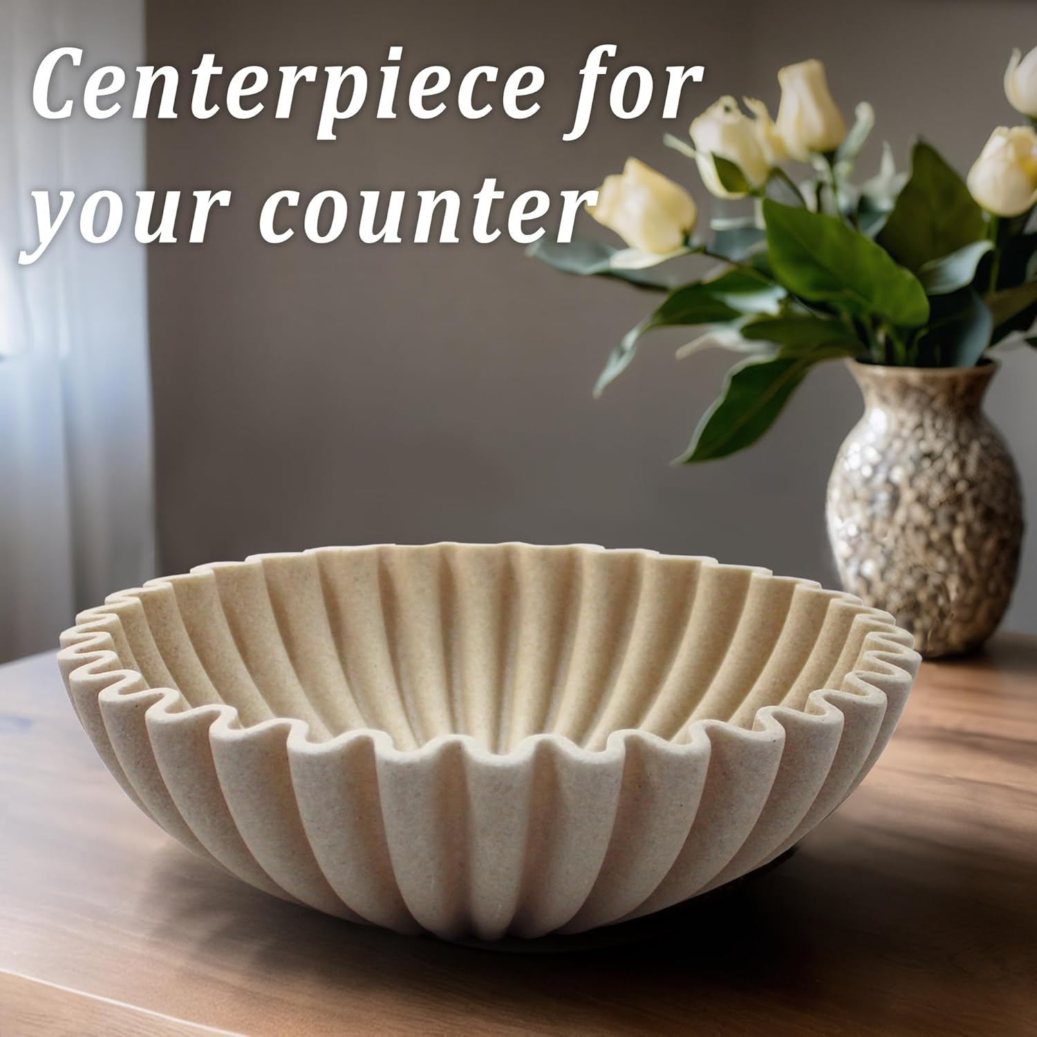 Ruffle Decorative Bowl Large Fruit Bowl Beige Artificial Stone