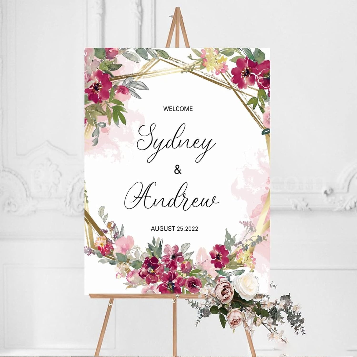 Alioyoit Pink Floral Customizable Wedding Welcome Sign