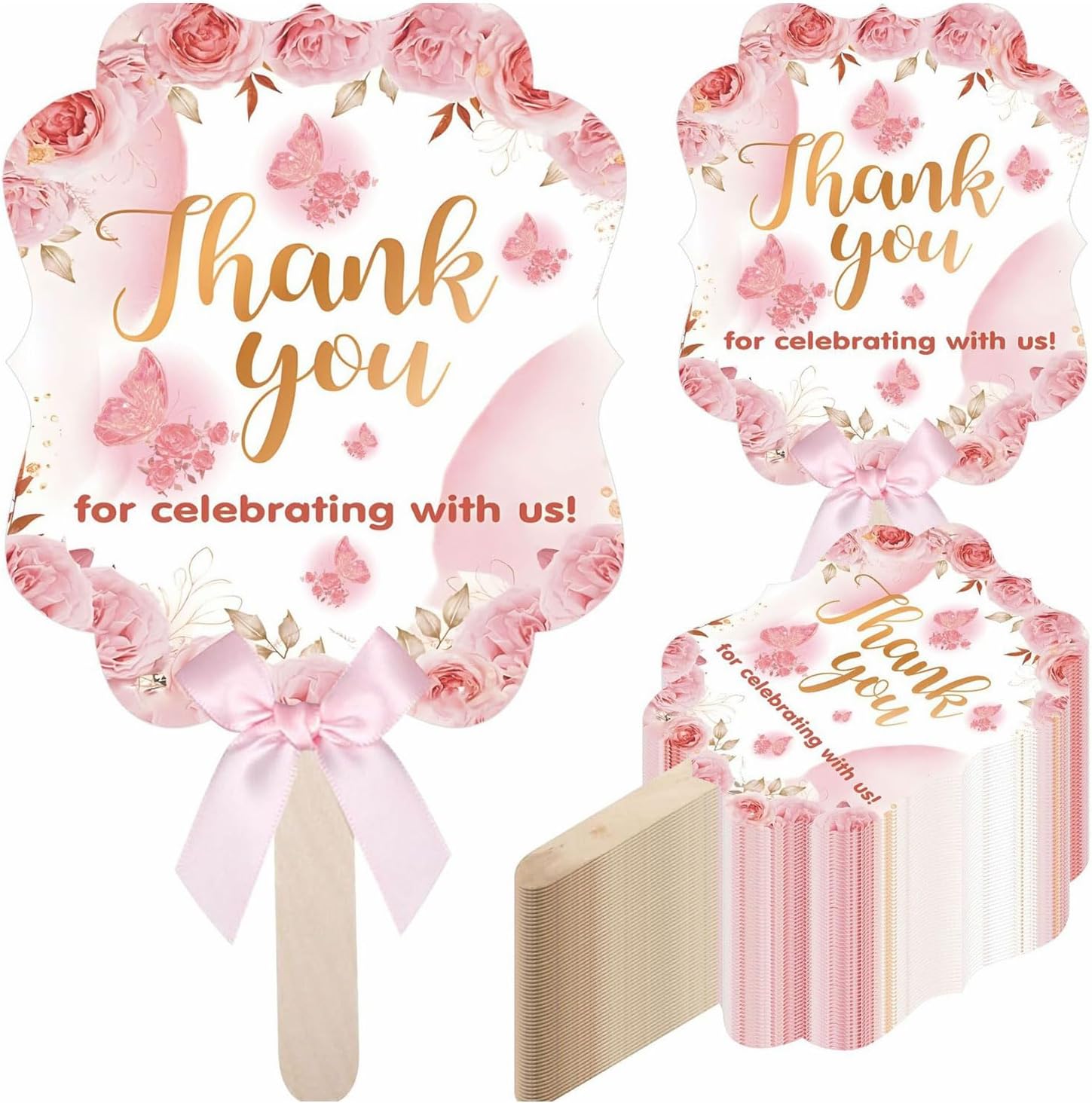 50 Pink Wedding Fans with Wood Sticks and Bows