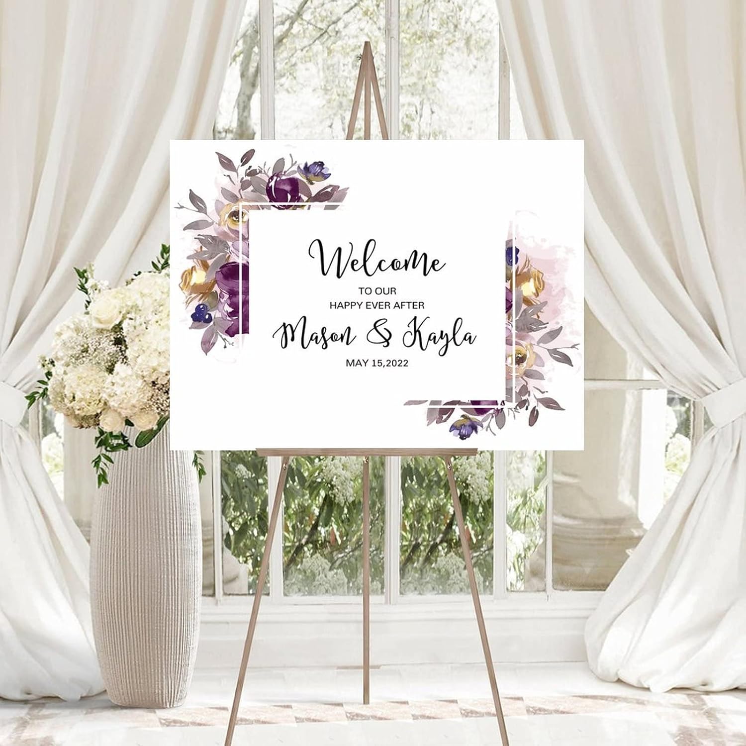 Alioyoit Purple Floral Wreath Wood Wedding Sign