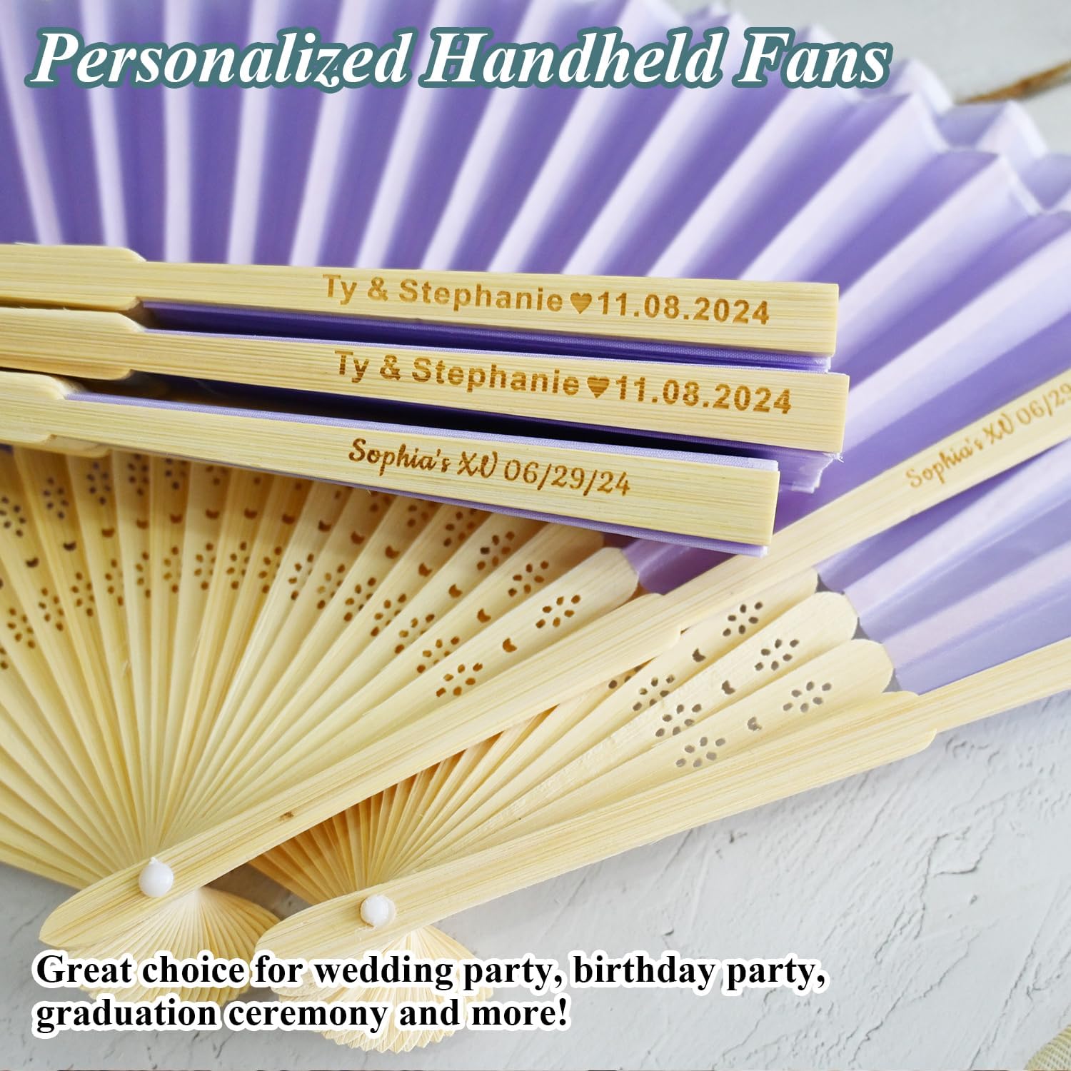 30pcs Personalized Purple Folded Hand Fans for Wedding Guests