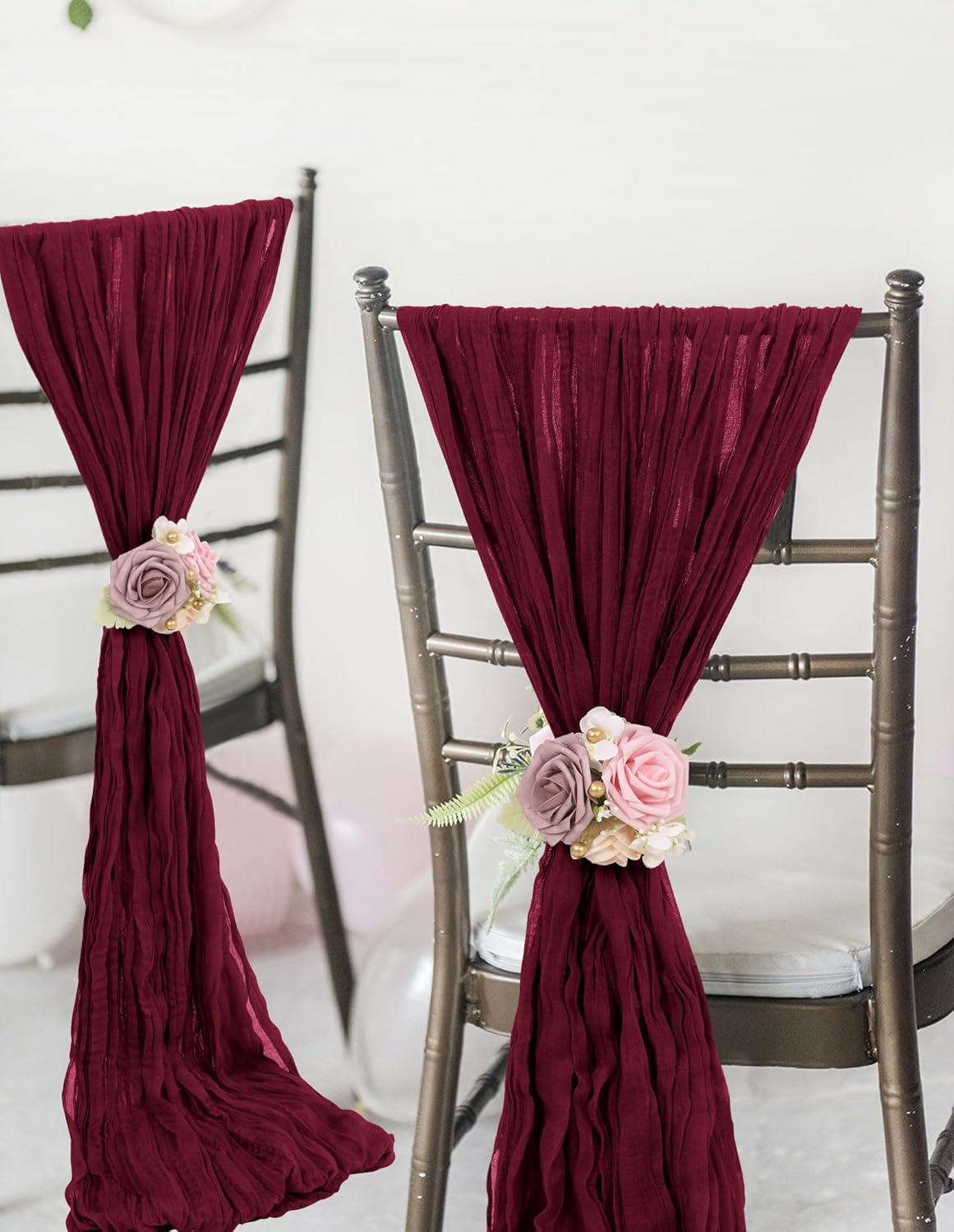 YMHPRIDE 50pcs Burgundy Cheesecloth Chair Sashes