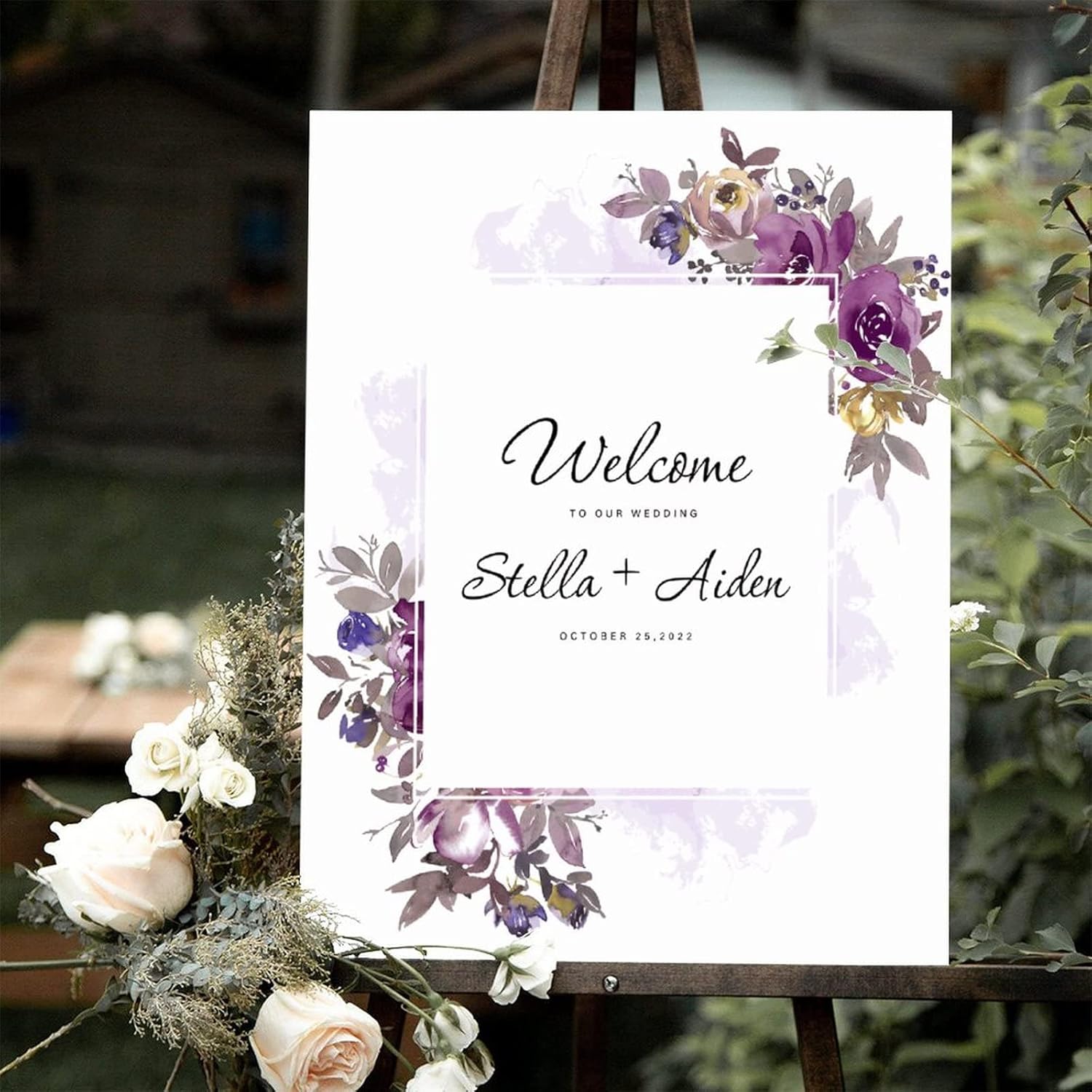 Alioyoit Purple Floral Wood Wedding Welcome Sign