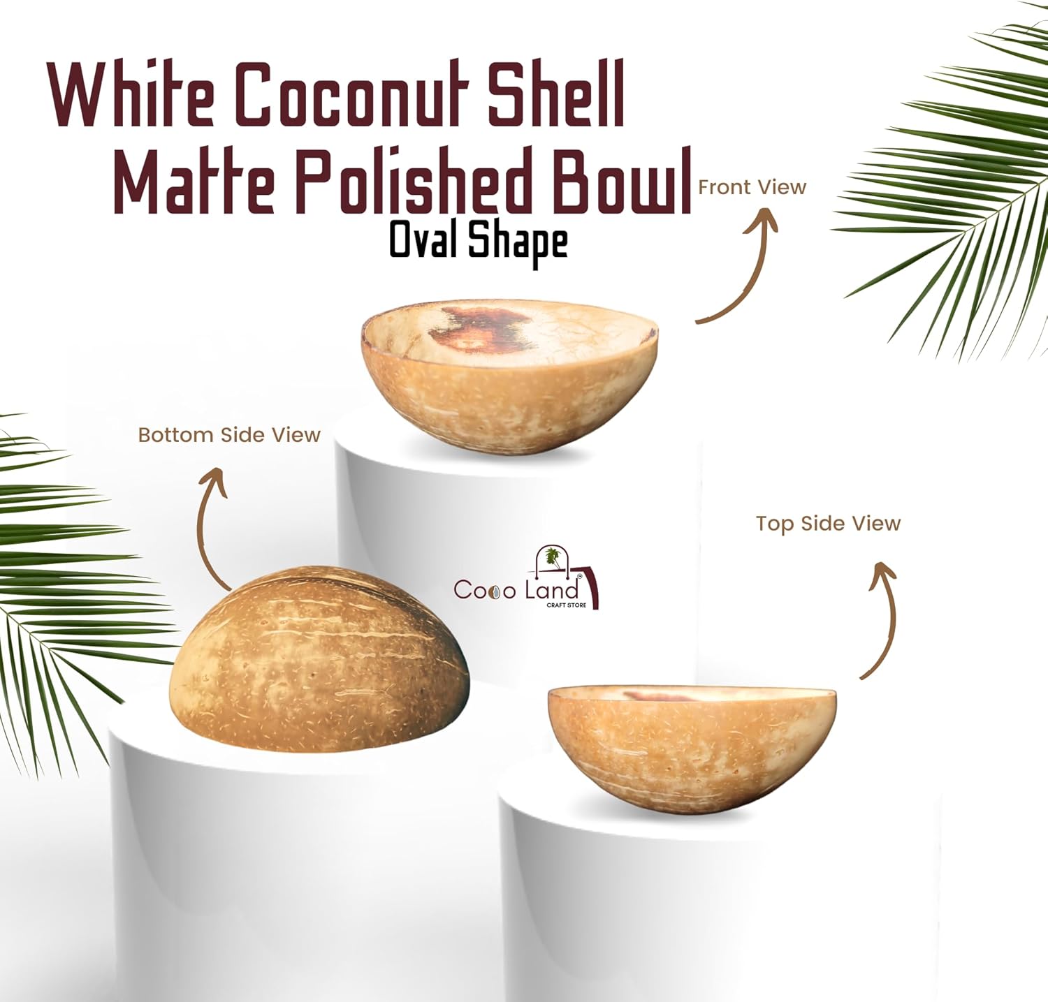 Coco Land White Coconut Shell Matte Polished Oval Bowl Set of 3