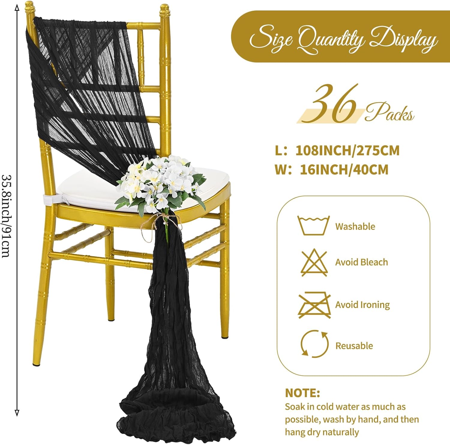 36 Pcs Black Cheesecloth Chair Sashes for Weddings and Parties