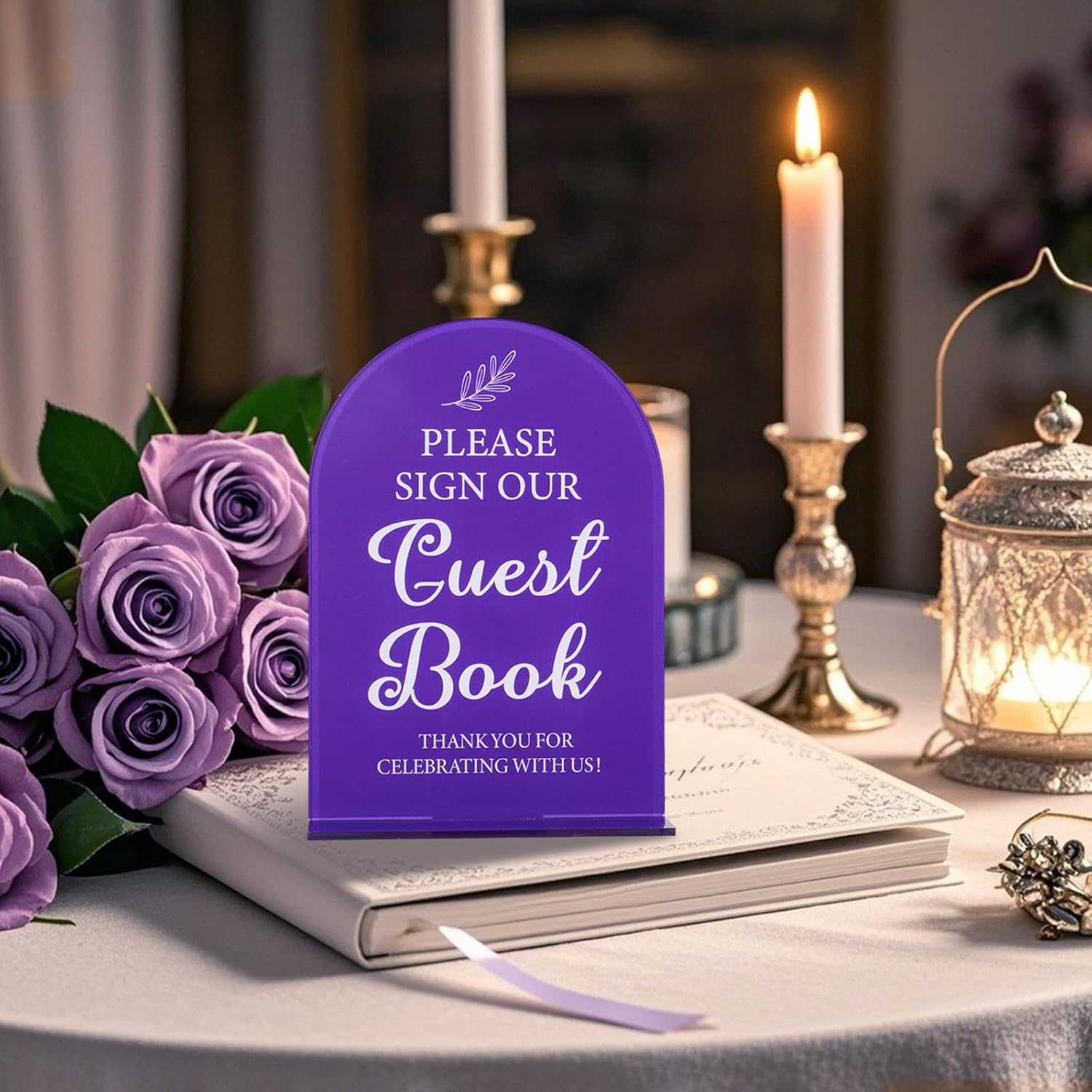 Corner Lace 2Pcs Acrylic Wedding Signs Purple 5x7 Inch