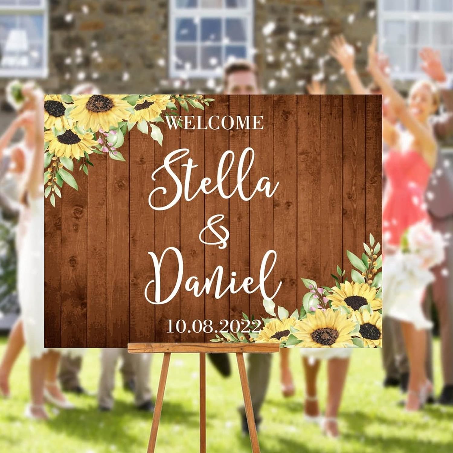 Wedding Welcome Sign Sunflower Brown Wood Customizable