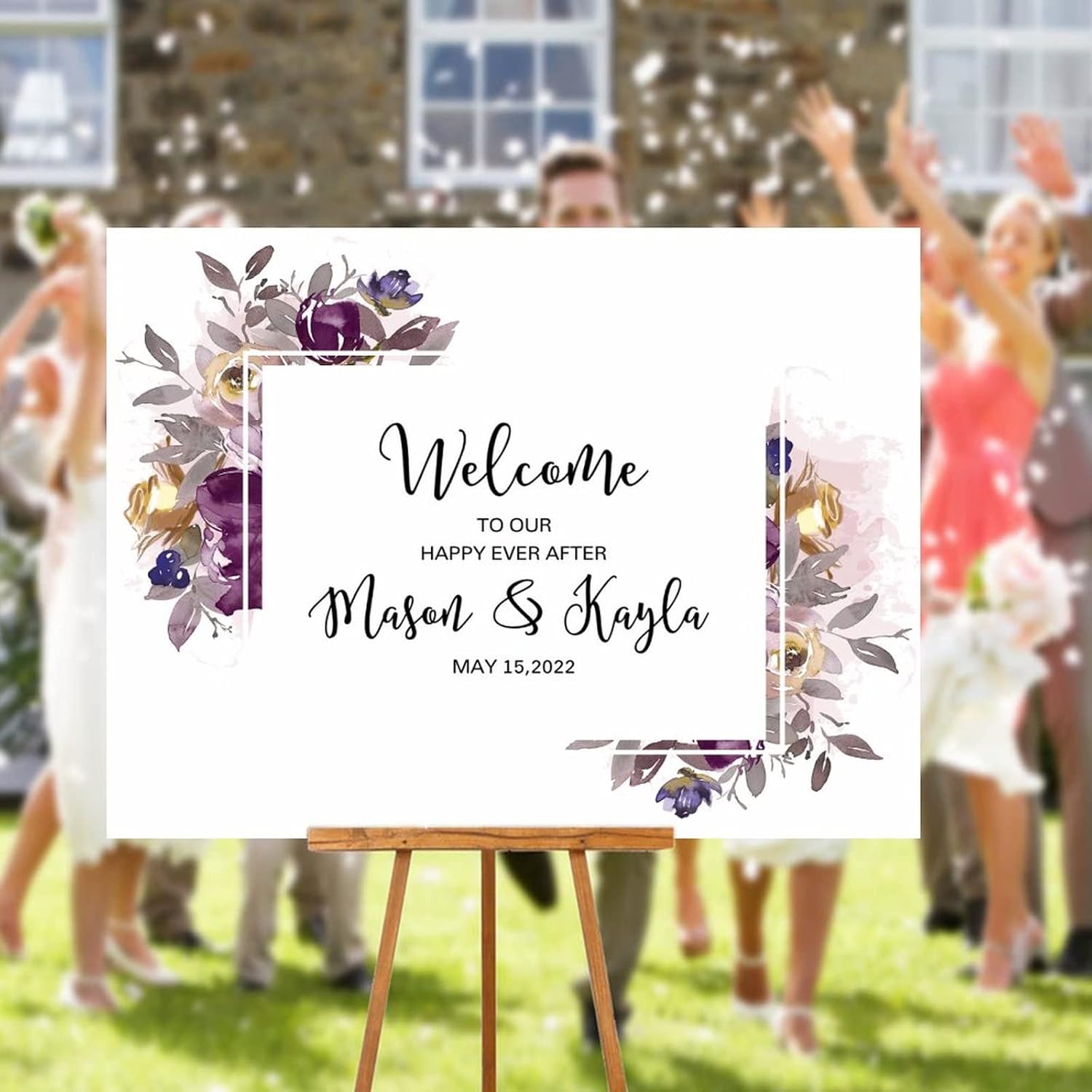 Alioyoit Purple Floral Wreath Wood Wedding Sign