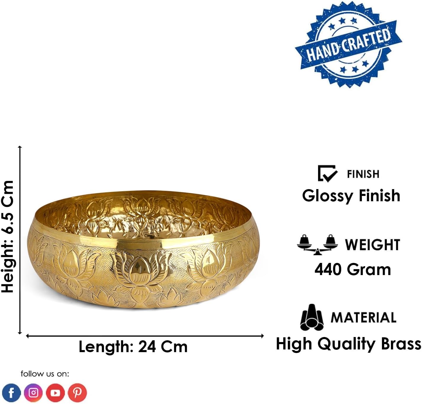 SATVIK Decorative 95 Inch Brass Urli with Floral Pattern