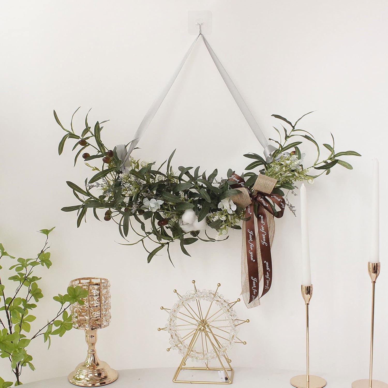 30 Inch Artificial Olive Leaf Wall Decor with Bow