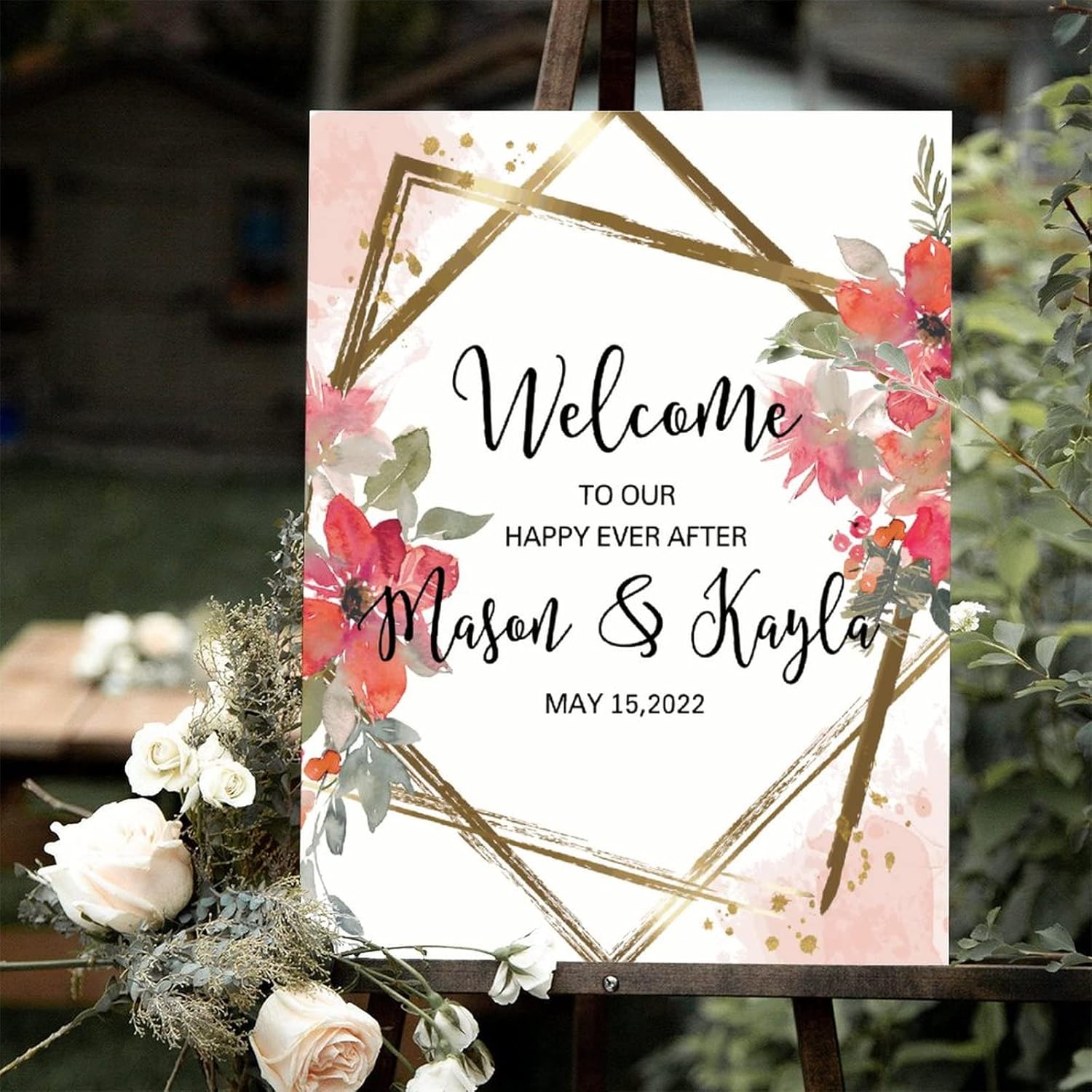 Alioyoit Red Floral Wreath Wedding Welcome Sign