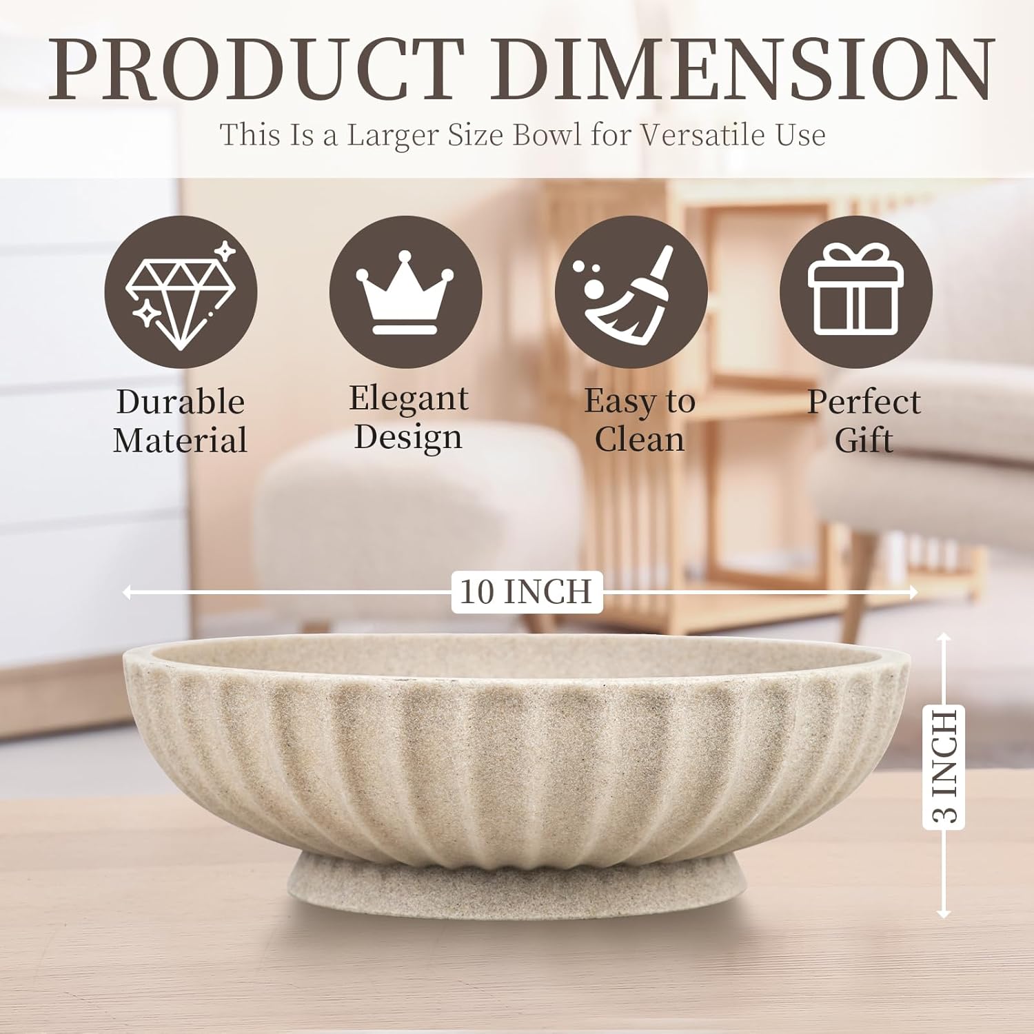 Large Decorative Bowl - Modern Home Decor Beige Artificial Stone