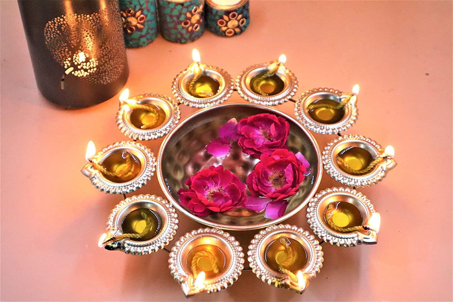 JR Handicrafts World Diya Flower Urli Bowl 14 In Alloy Steel Gold