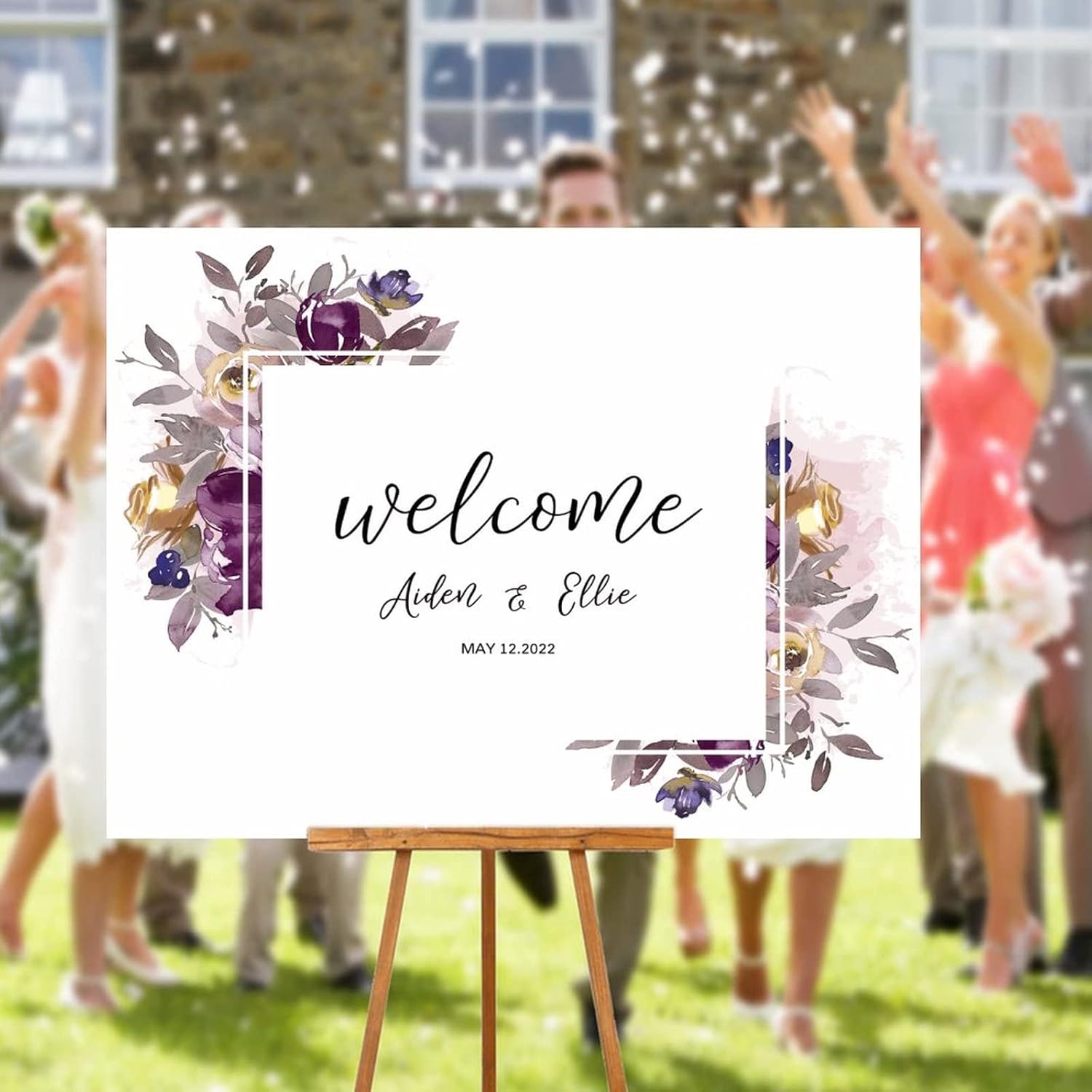Purple Floral Wreath Wedding Welcome Sign