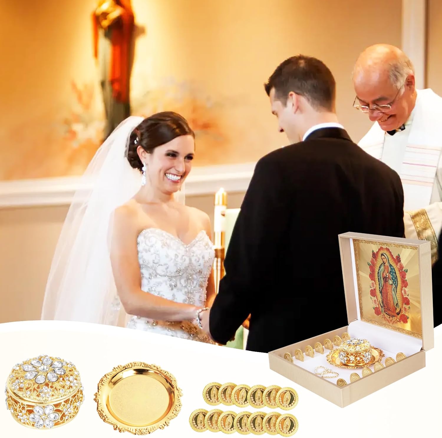 Catholic Wedding Arras Set with Virgen De Guadalupe Gifts Box