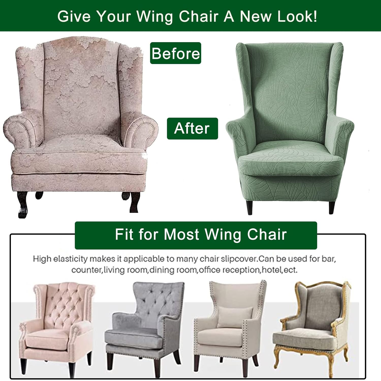 CRFATOP 2 Piece Stretch Wingback Chair Slipcovers Green