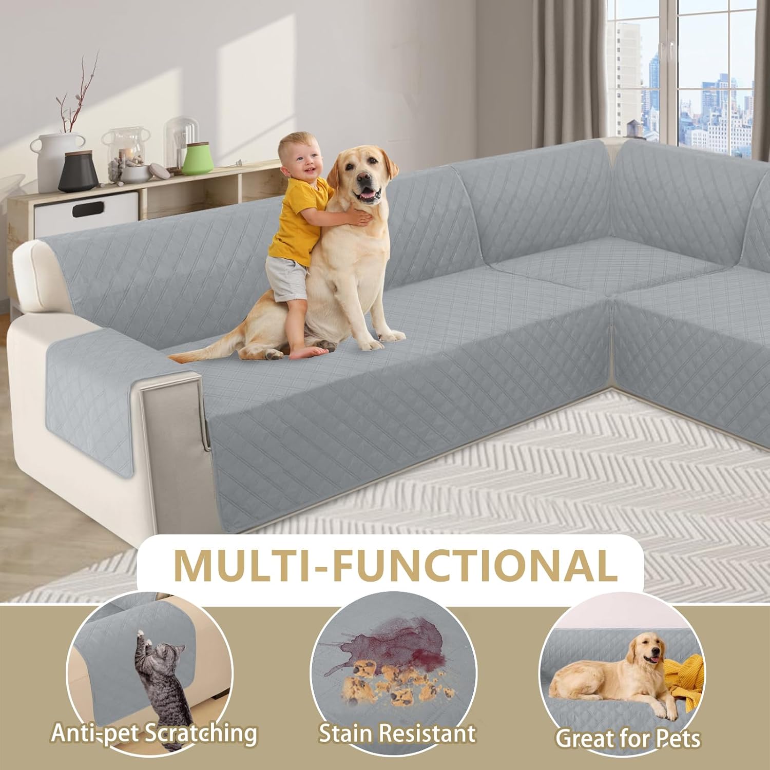 HDCAXKJ L Shape Sofa Cover 4 Pc Set Silvery Gray
