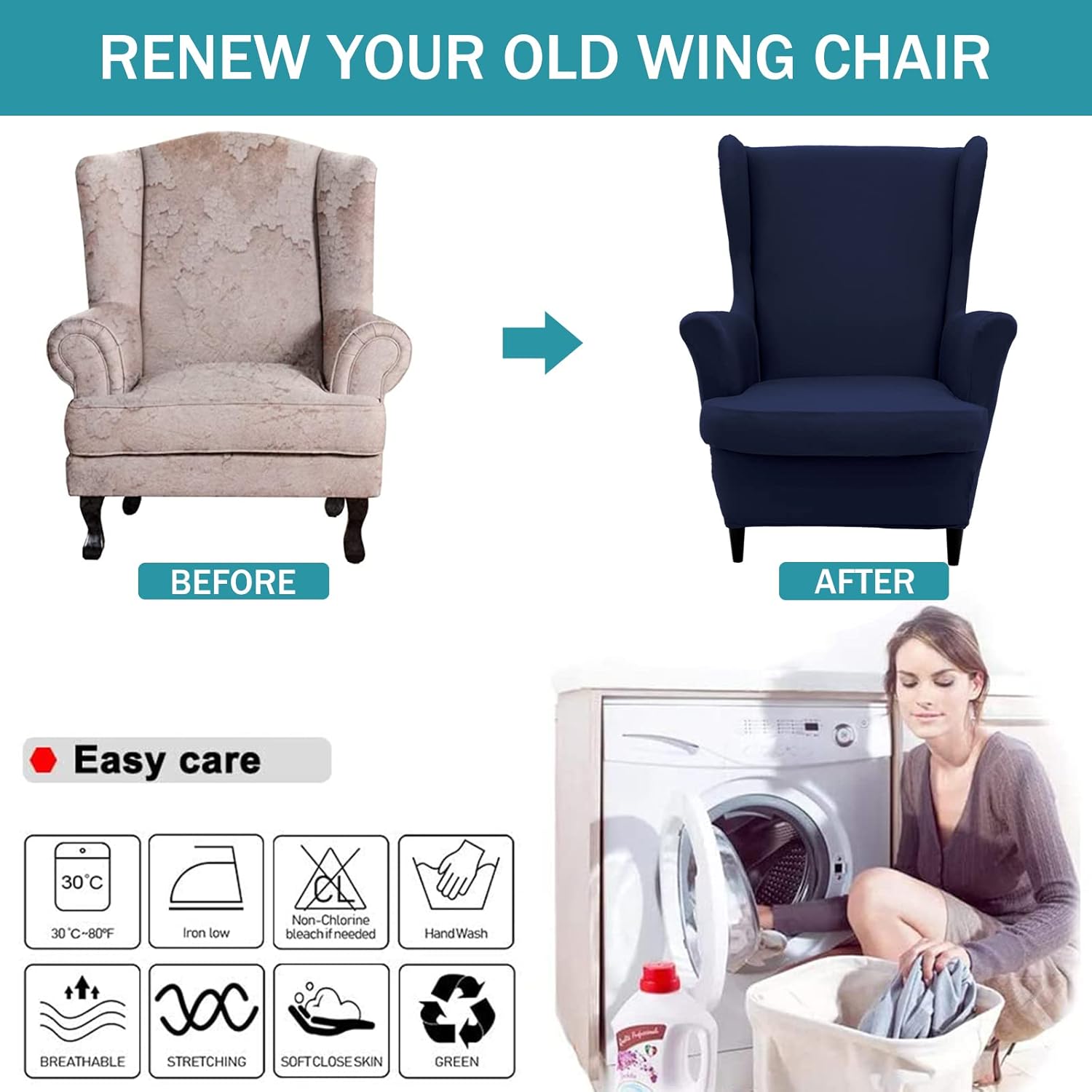 NILUOH 2-Piece Wingback Chair Cover with Elastic Bottom Navy